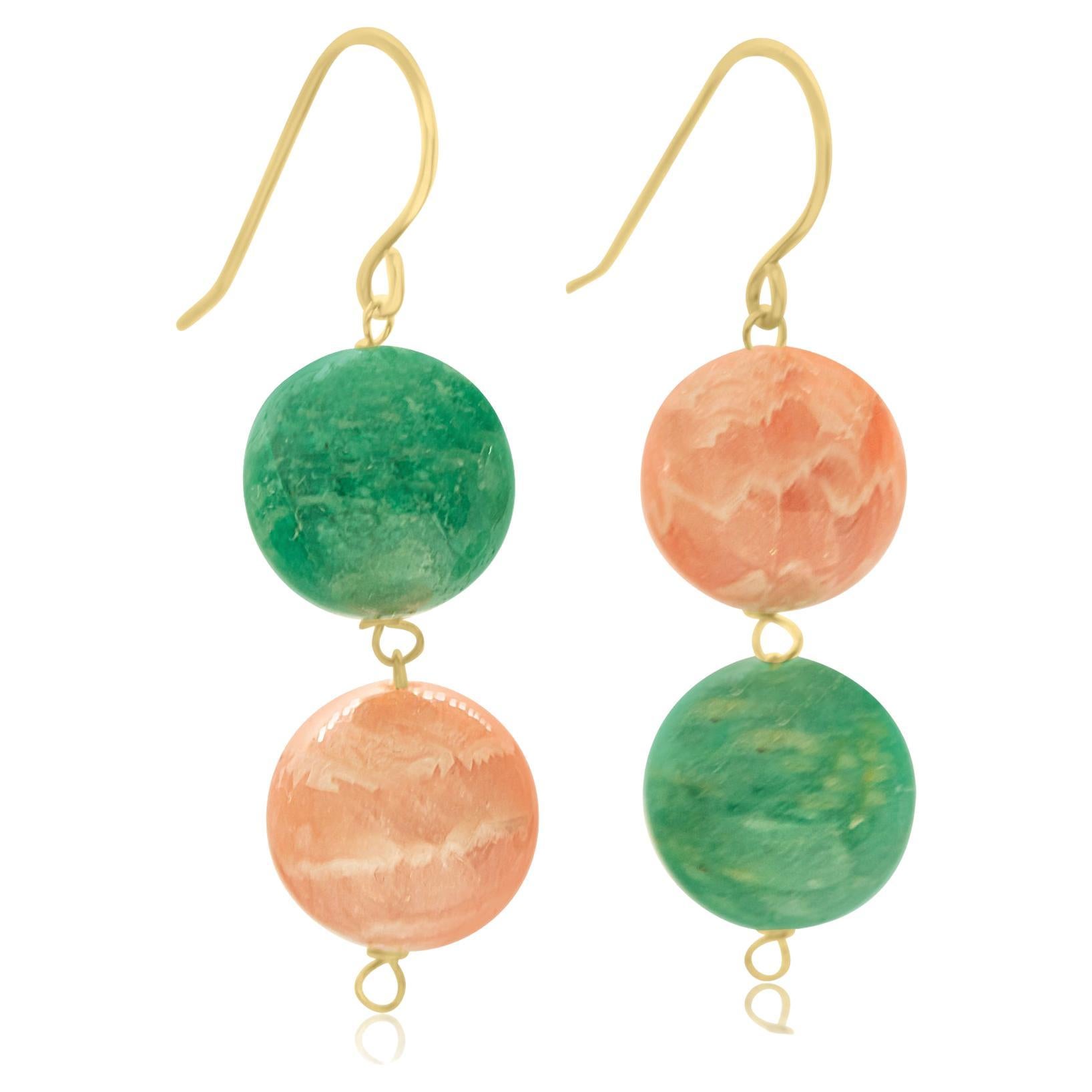 Intini Jewels 18K Yellow Gold Natural Amazonite Rhodocrosite Chandelier Earrings For Sale