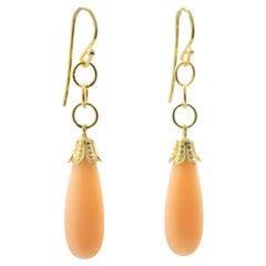 18k Yellow Gold Natural Pink Coral Deco Chandelier Italy Earrings