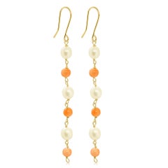 Intini Jewels 18K Yellow Gold Natural Pink Coral Pearls Deco Chandelier Earrings
