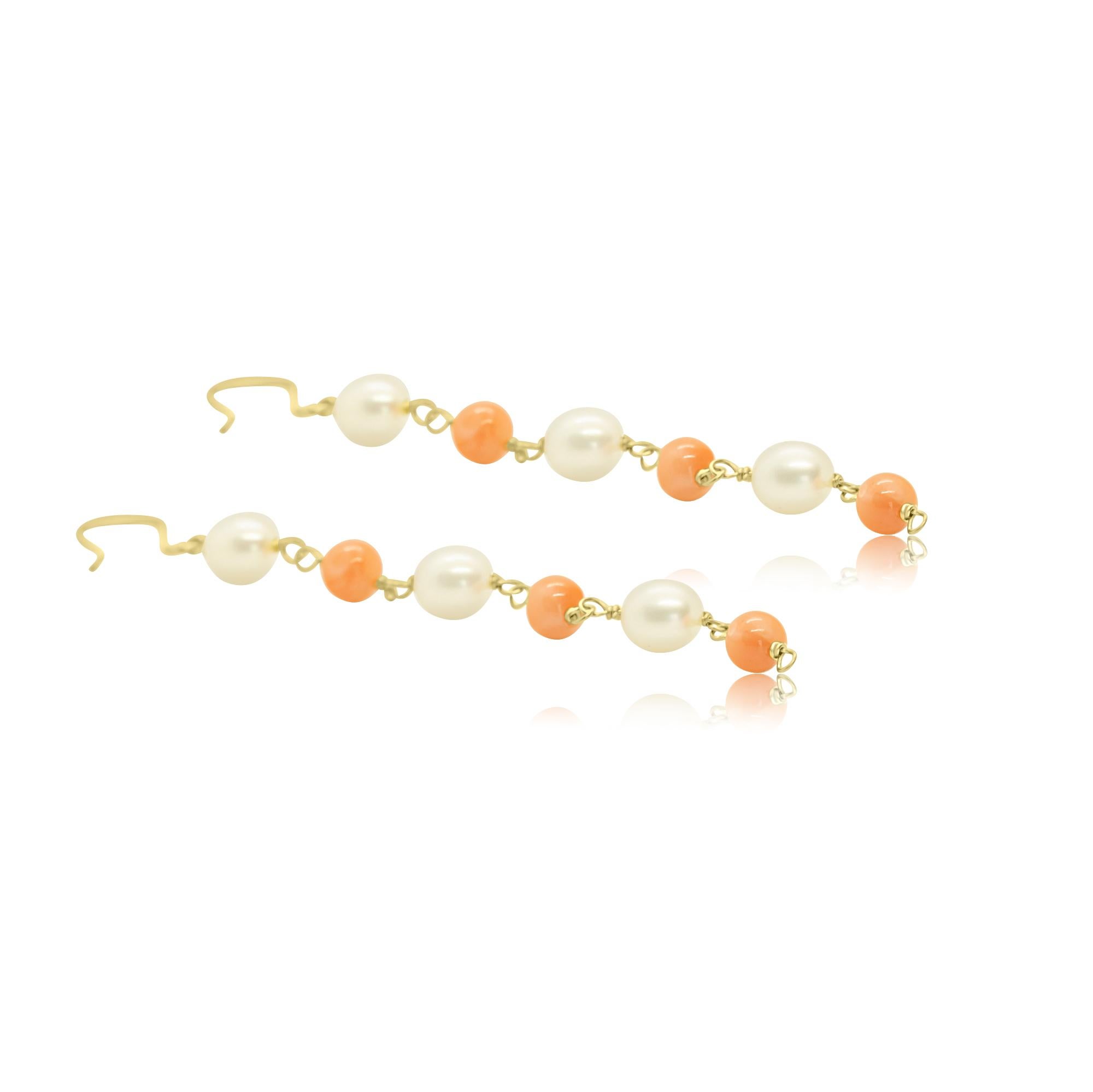 Art Nouveau Intini Jewels 18K Yellow Gold Natural Pink Coral Pearls Deco Chandelier Earrings For Sale