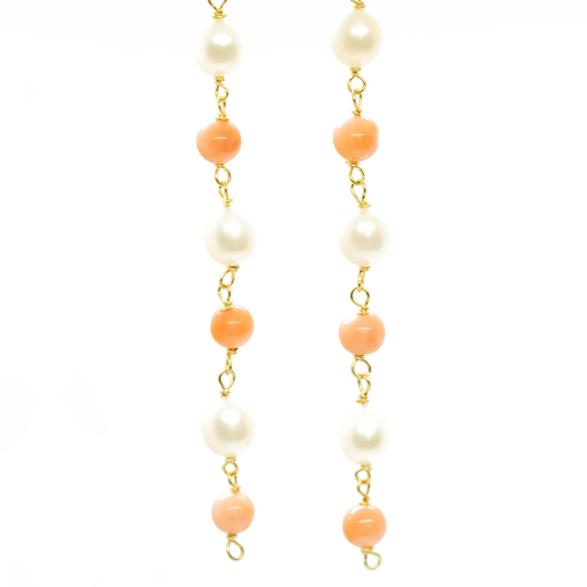 Intini Jewels 18K Yellow Gold Natural Pink Coral Pearls Deco Chandelier Earrings In New Condition For Sale In Milano, IT