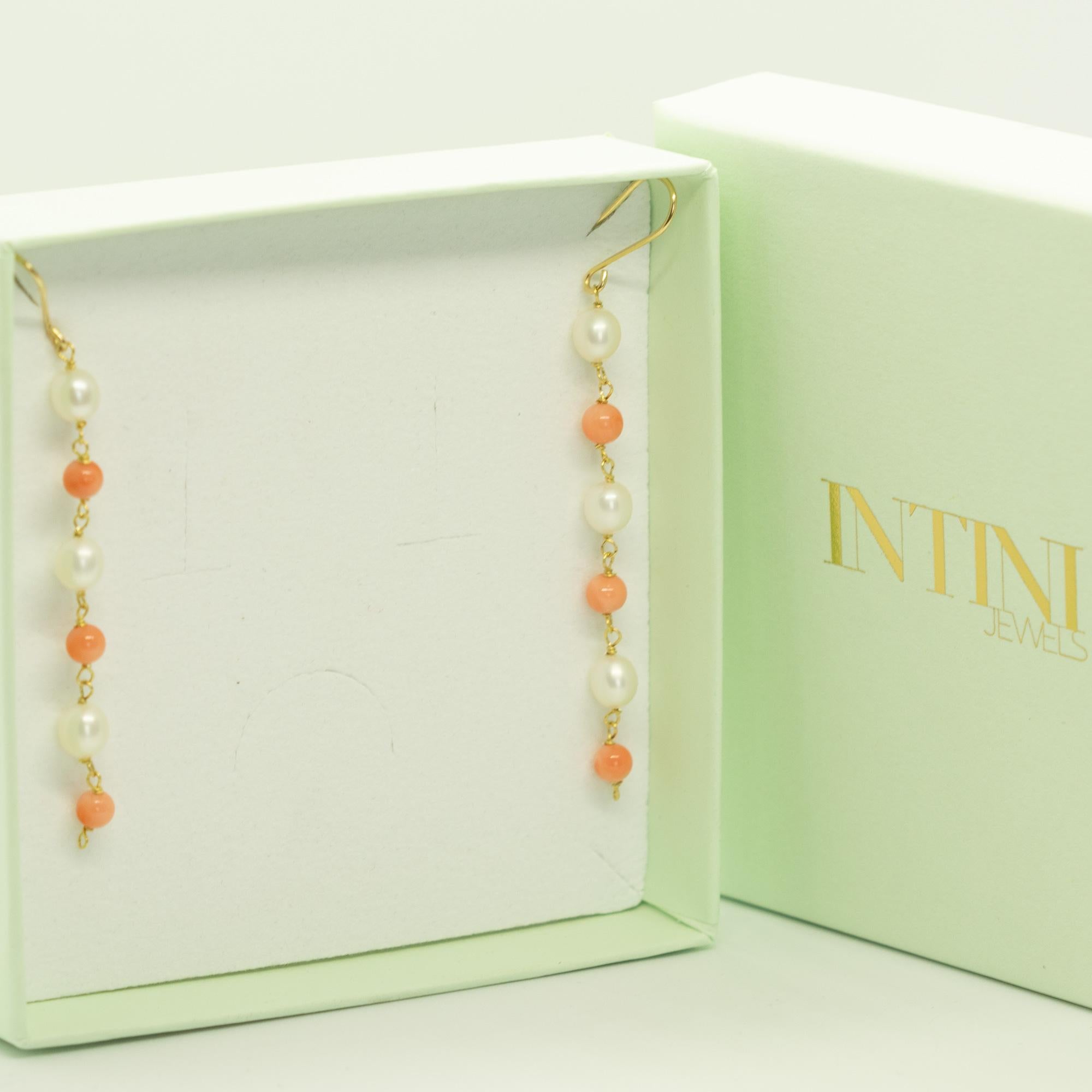 Intini Jewels 18K Yellow Gold Natural Pink Coral Pearls Deco Chandelier Earrings For Sale 1