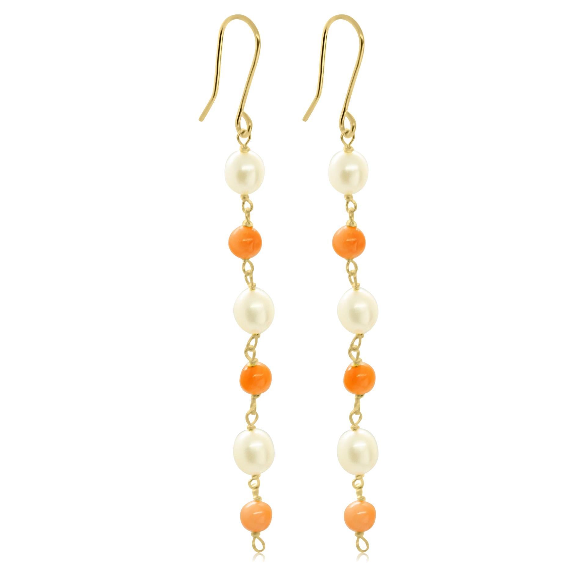 Intini Jewels 18K Yellow Gold Natural Pink Coral Pearls Deco Chandelier Earrings