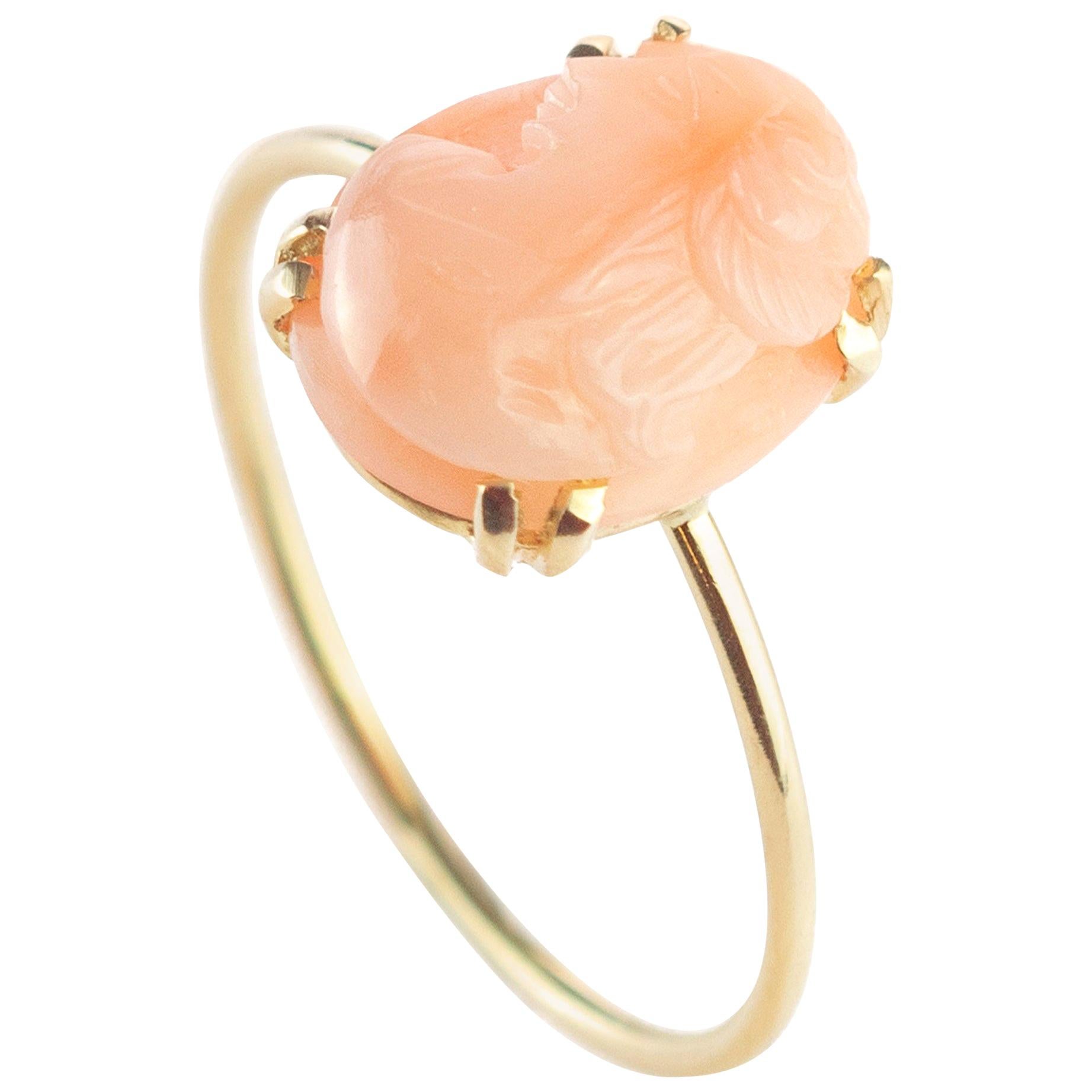 Intini Jewels 2.5 Carat Pink Cameo Coral 9 Karat Gold Oval Handmade Chic Ring For Sale