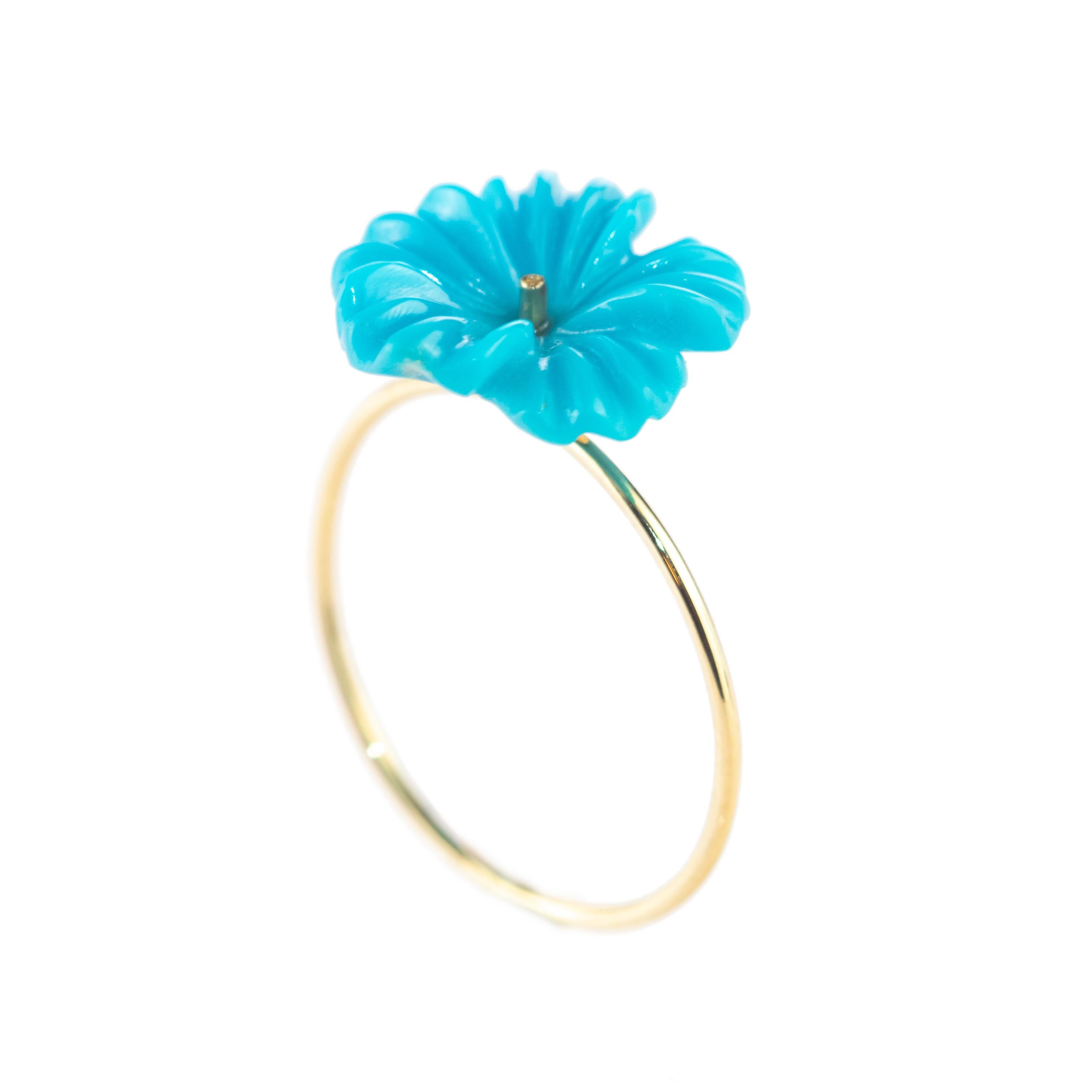 Mixed Cut Intini Jewels 3.5 Carat Natural Turquoise Flowers 18 Karat Gold Carved Girl Ring For Sale