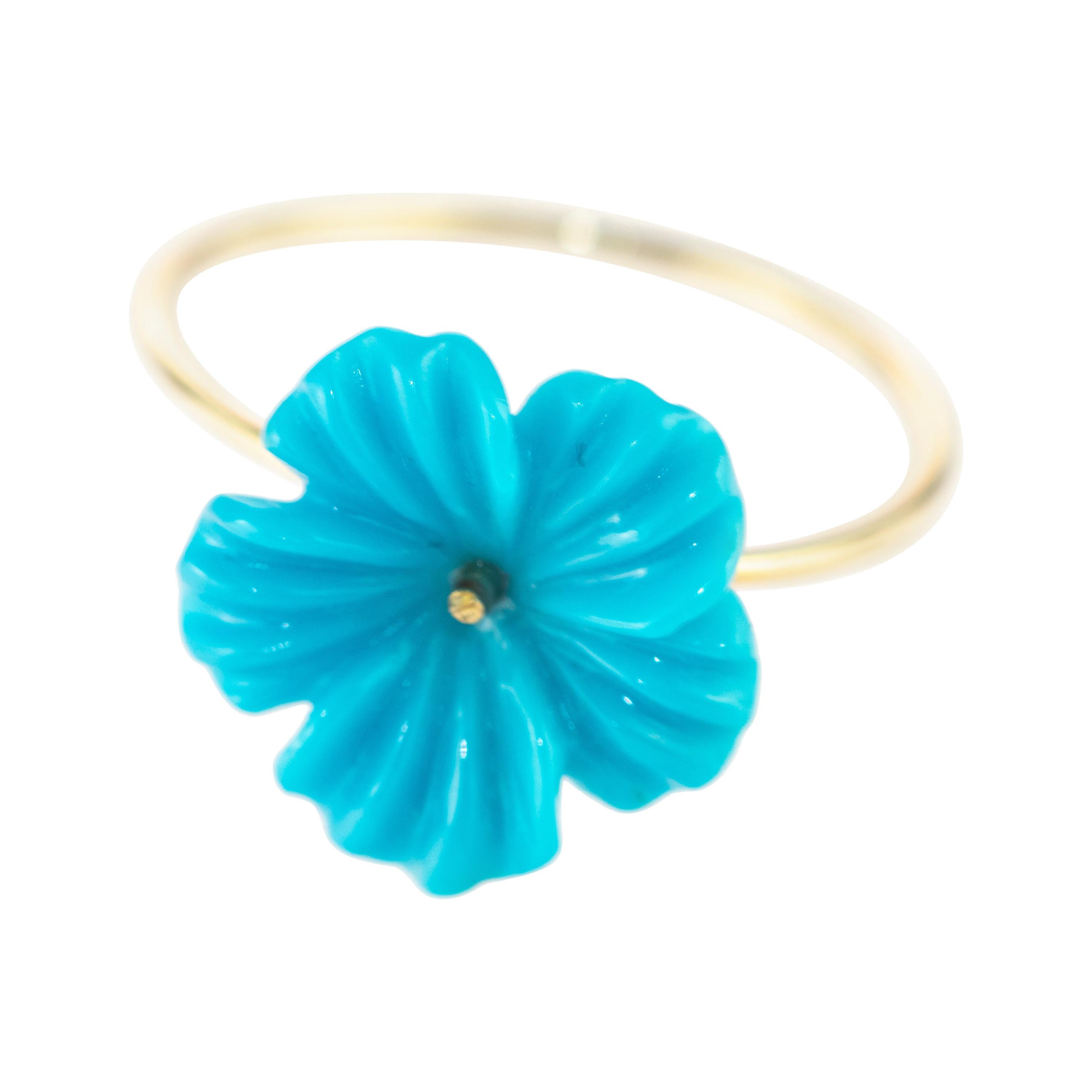 Intini Jewels 3.5 Carat Natural Turquoise Flowers 18 Karat Gold Carved Girl Ring For Sale