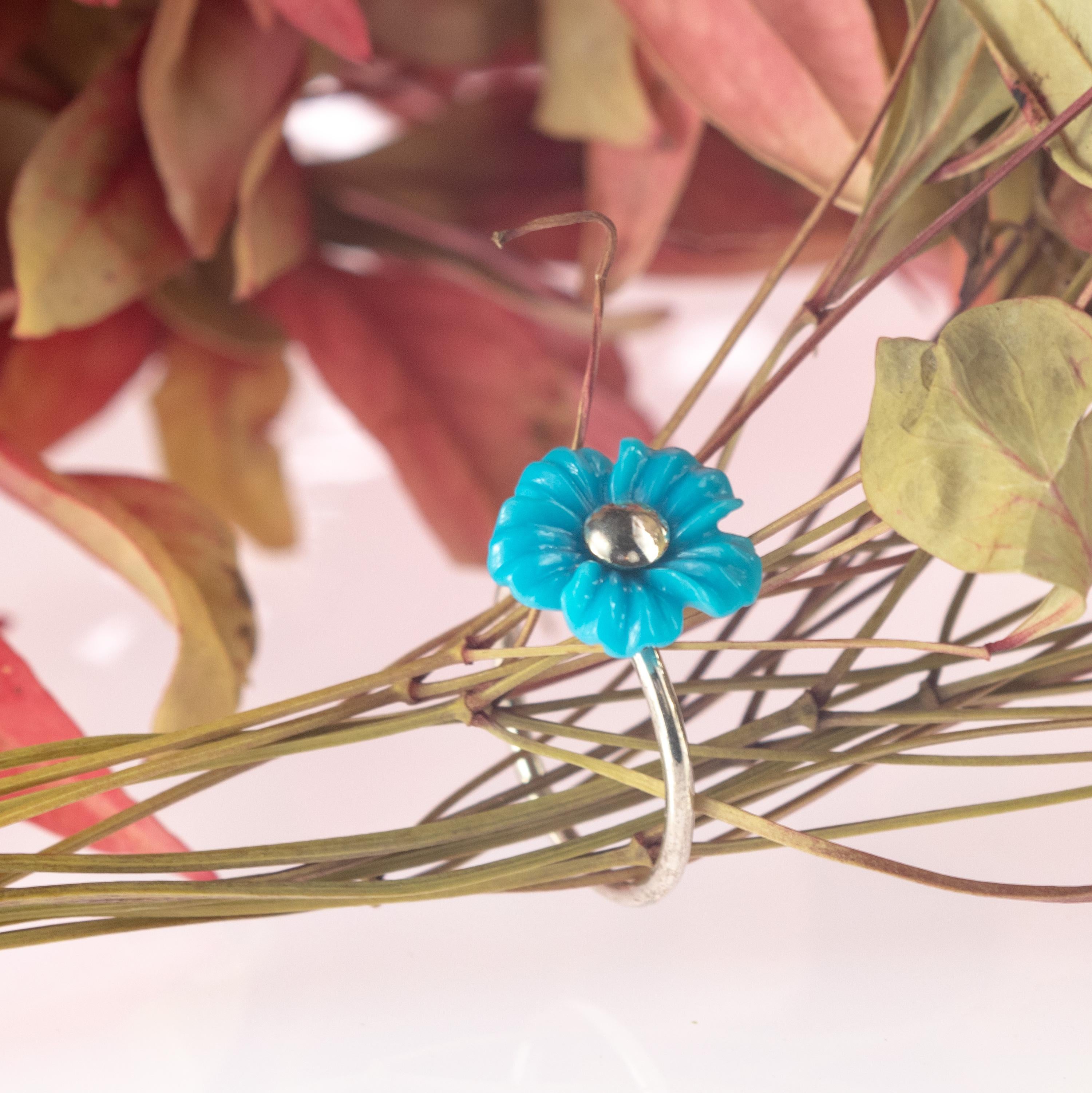 Taglio misto Intini Jewels Anello da ragazza in argento 925 con fiori di turchese naturale da 3,5 carati in vendita