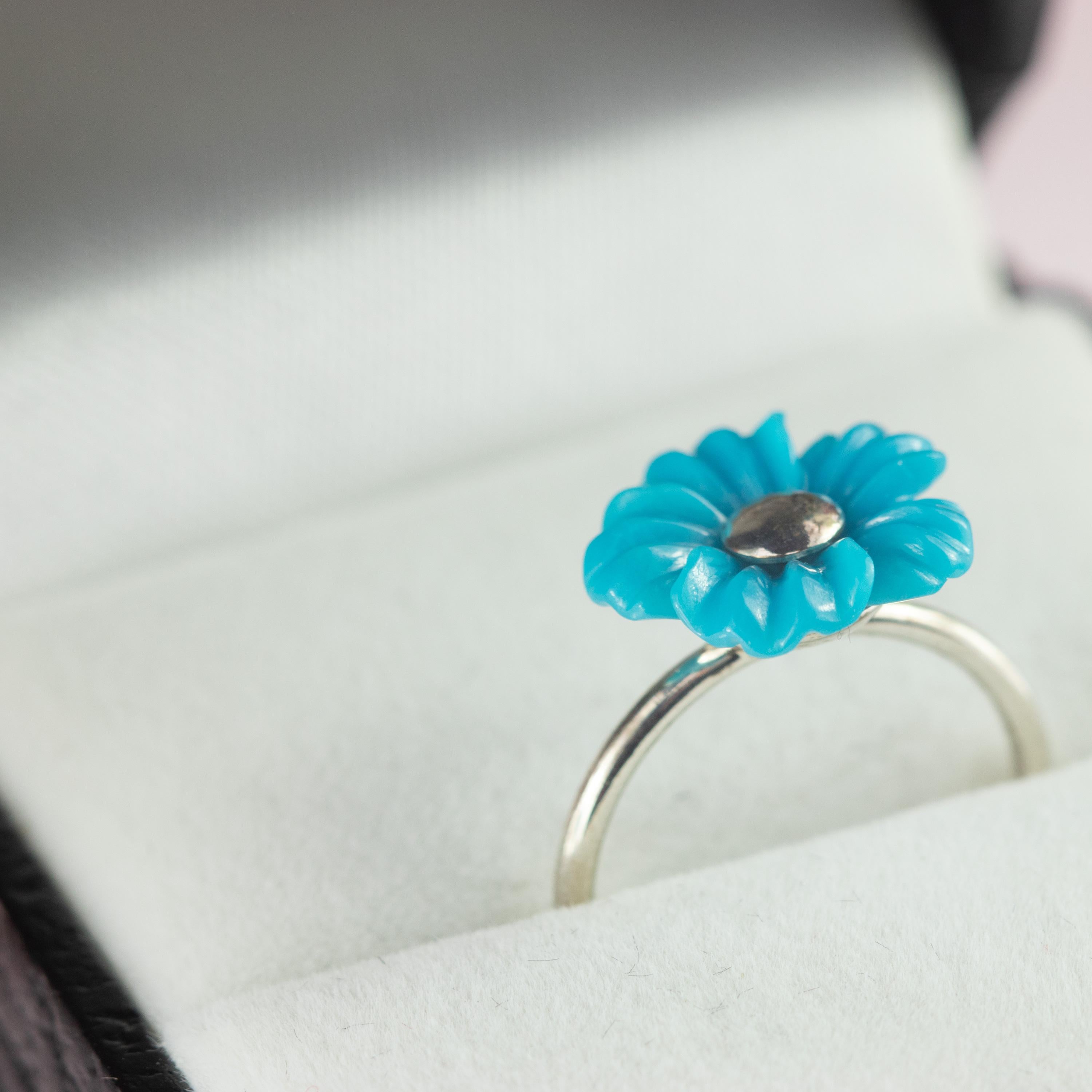 Intini Jewels 3.5 Carat Natural Turquoise Flowers 925 Sterling Silver Girl Ring In New Condition For Sale In Milano, IT