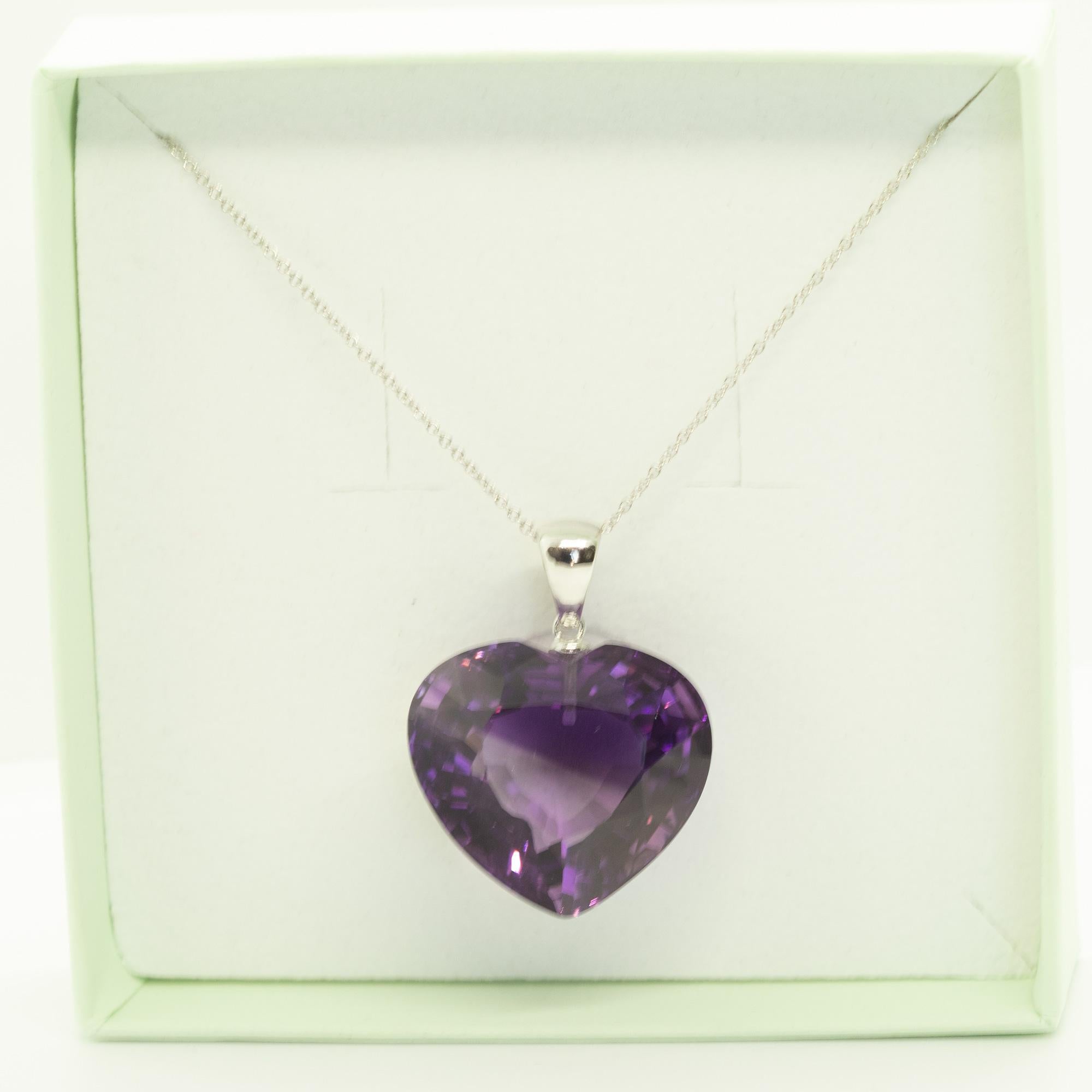 Women's or Men's Intini Jewels 51.95 Carats Amethyst Heart 18 Karat White Gold Pendant Necklace For Sale