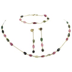 Intini Jewels 9 Karat Gold Chain Tourmaline Oval Earrings Necklace Bracelet Set