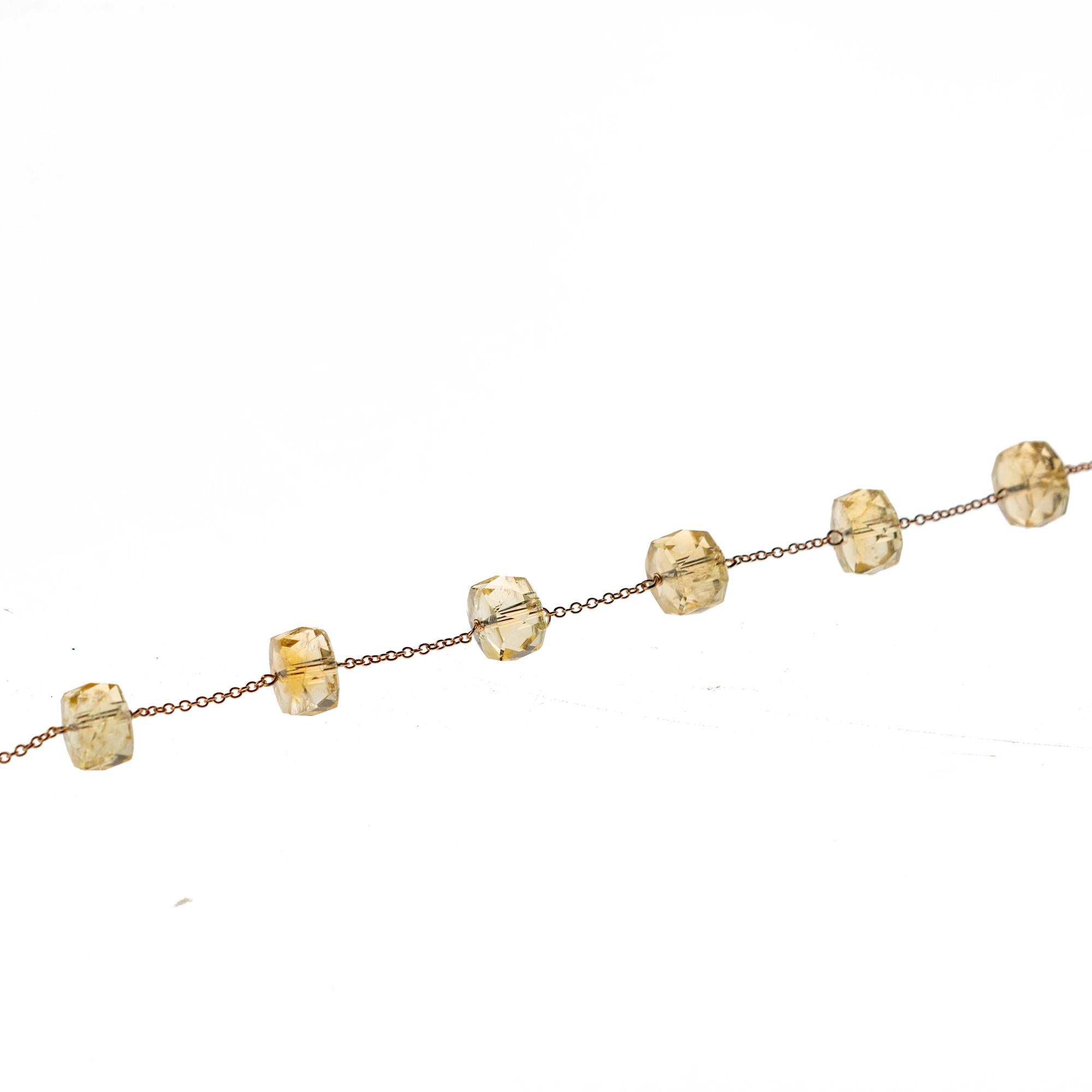 Intini Jewels signature quality on a modern and contemporary design jewel.

Six gems of top quality pure citrine quartz embellish a delicate 9 karat pink / rose gold chain bracelet.

An elegant touch of glamour at your fingertips. Let yourself be