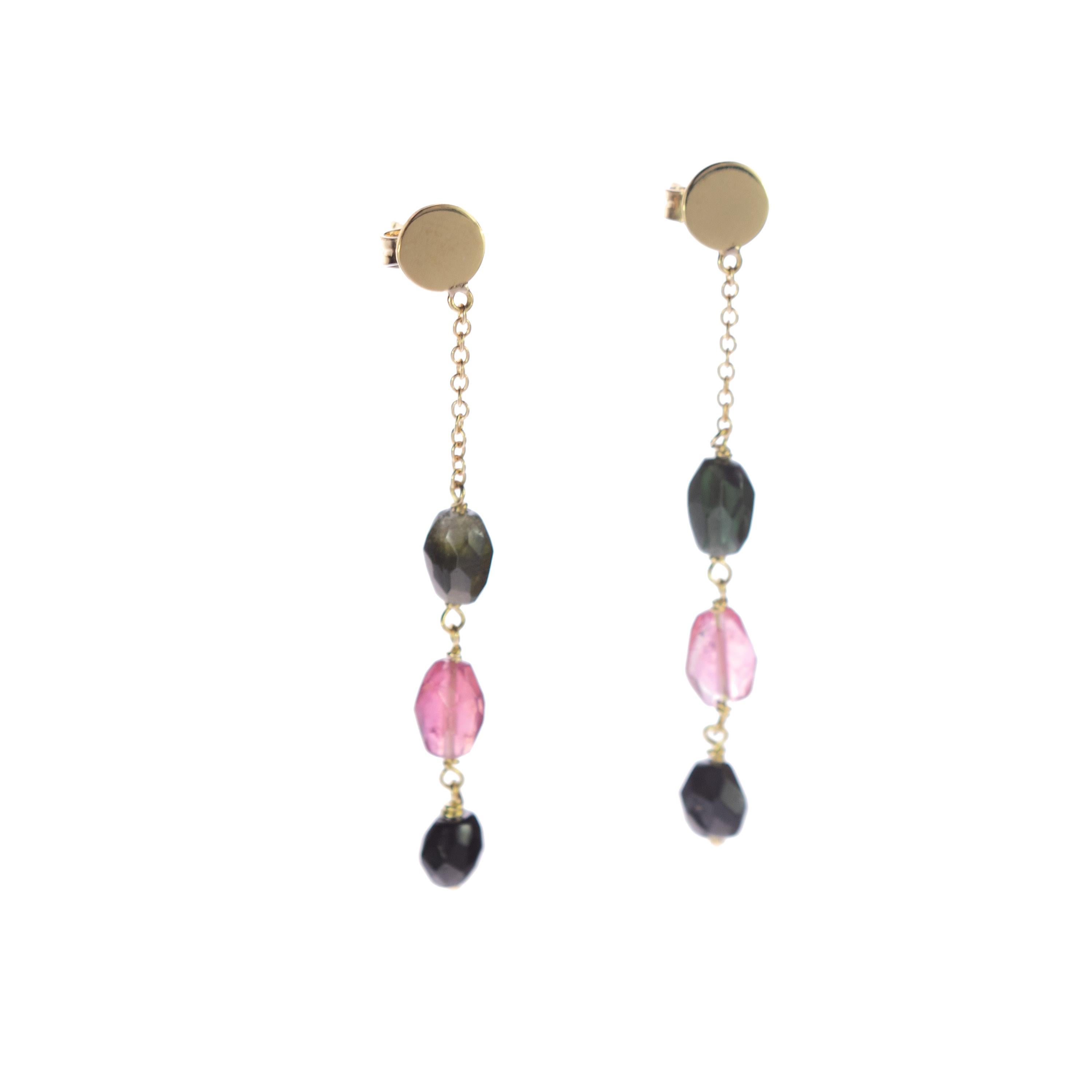 Intini Jewels signature quality on a modern and contemporary design jewel. Stunning earrings with three tourmaline oval cut. Three different colors that melt in each other and show beautiful gradient colors. Embellished with a 9 karat yellow gold