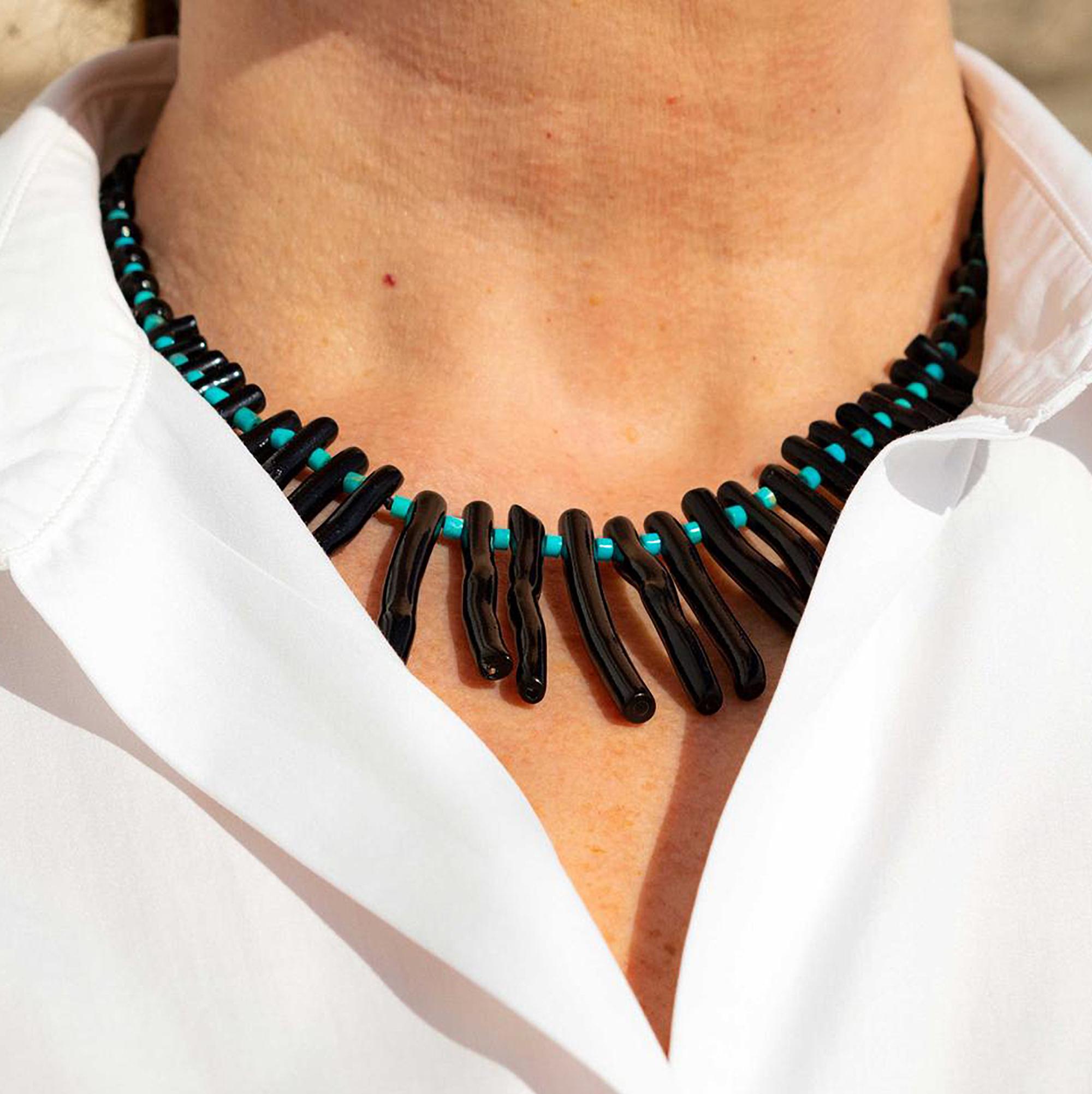Intini Jewels Collier de perles bohème fait à la main avec branches d'agate et turquoise naturelle Neuf - En vente à Milano, IT