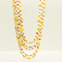 Intini Jewels Agate Coral Pearls 925 Silver Deco Multistrand Cocktail Necklace