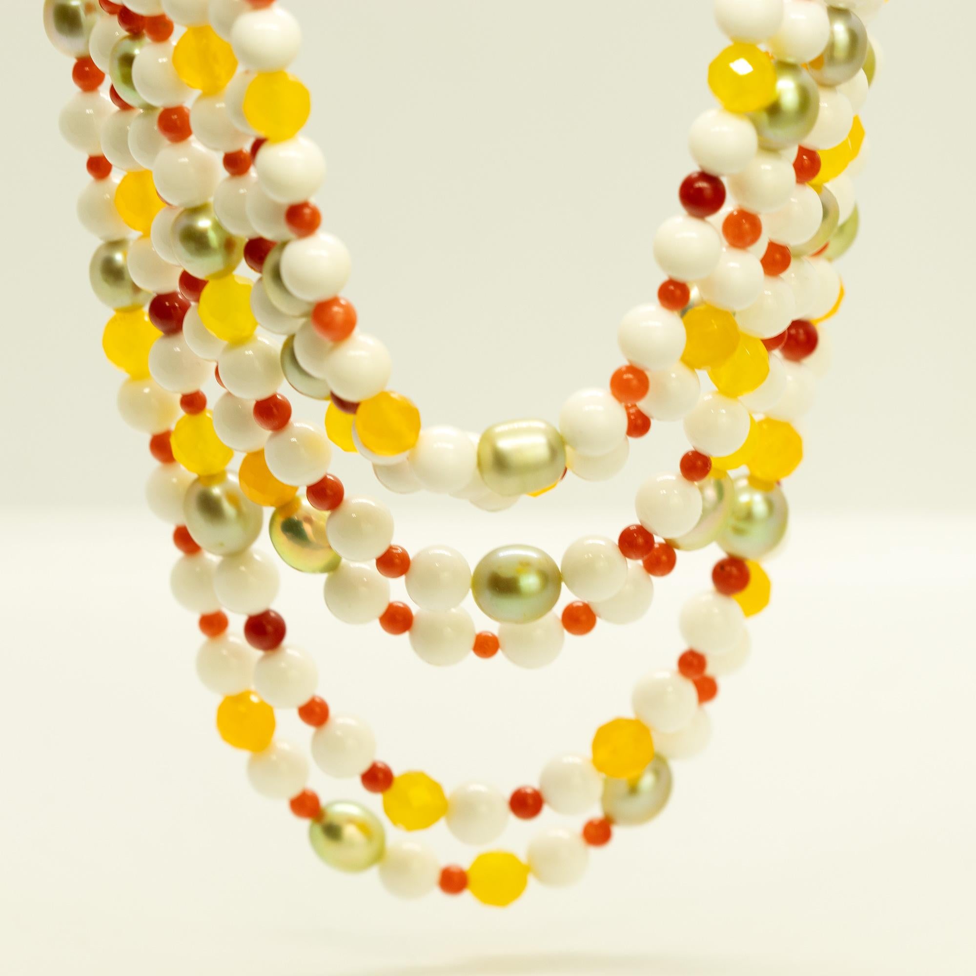 Art Déco Intini Jewels Agata Corallo Perle Argento 925 Collana da cocktail a più fili Deco in vendita