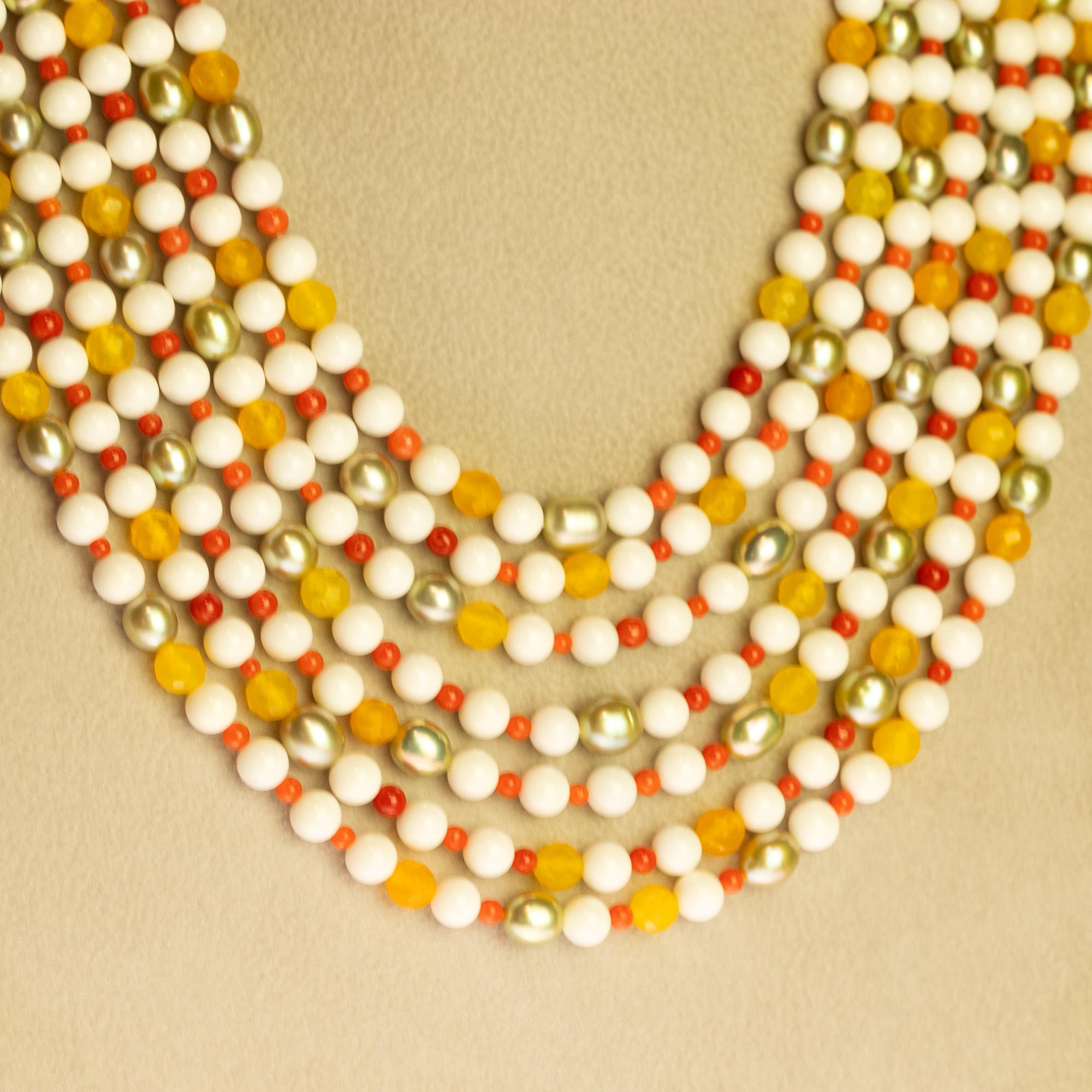 Perlina Intini Jewels Agata Corallo Perle Argento 925 Collana da cocktail a più fili Deco in vendita