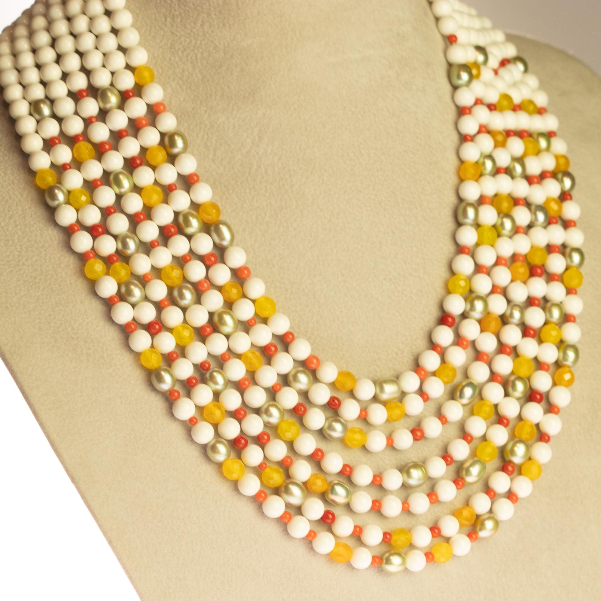 Intini Jewels Agata Corallo Perle Argento 925 Collana da cocktail a più fili Deco In condizioni Nuovo in vendita a Milano, IT