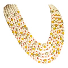 Intini Jewels Agate Coral Pearls 925 Silver Deco Multistrand Cocktail Necklace