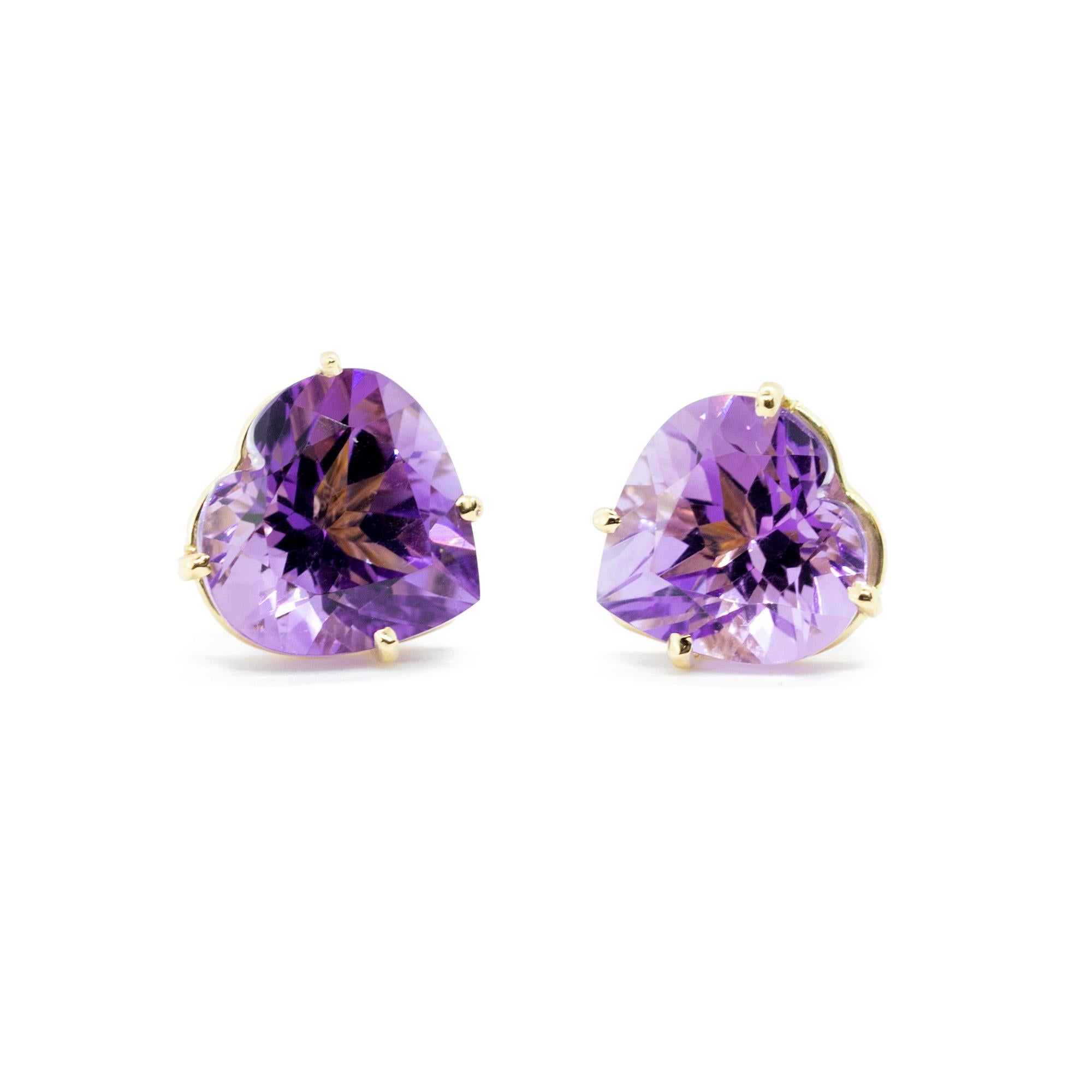 Marvellous handmade 18 karat yellow gold cocktail earrings embellished with two wonderful heart shaped Amethysts. Open your intuition and enhance your senses to love. 

Inspired by strong feeling of love. The beating heart is used as an intensive