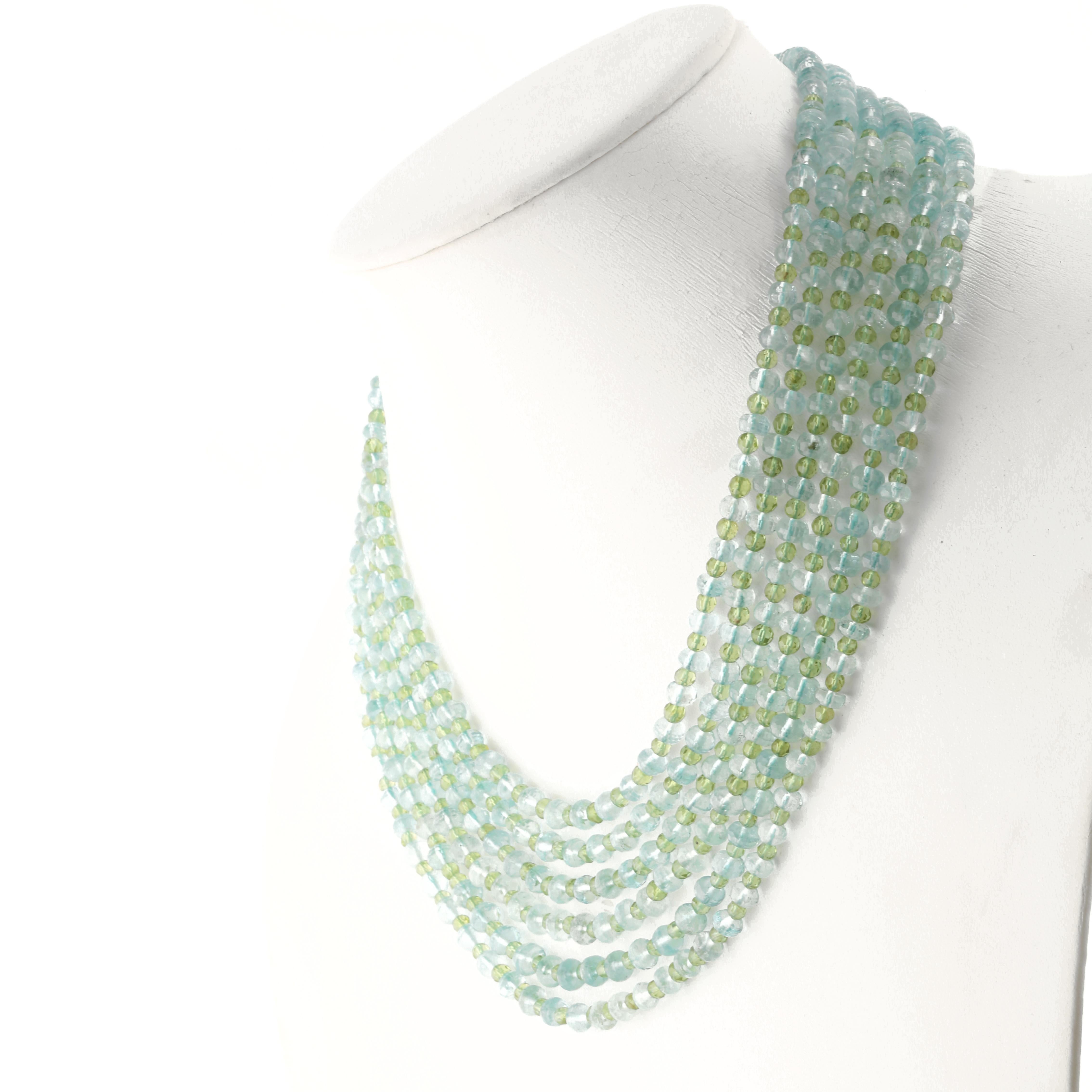 Timeless elegance for a unique piece multi-strand necklace, featuring precious gemstones of the highest quality, set in a design that enhances the elegance and colour combination of the materials.

• 925 silver closure
• Aquamarine rondelles 6 mm
•