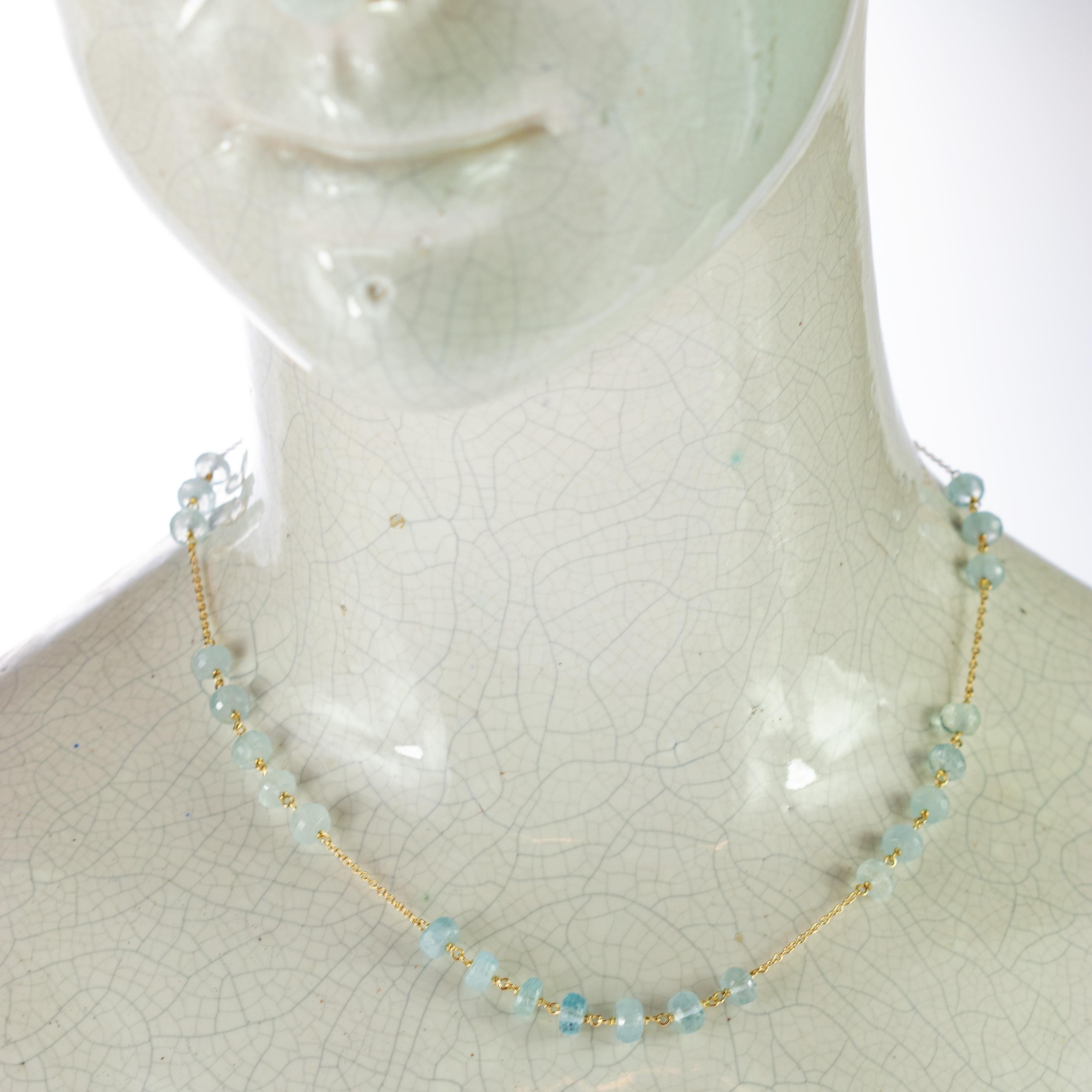 Art Nouveau Intini Jewels Aquamarine Rondelle 18 Karat Yellow Gold Chain Handmade Necklace For Sale