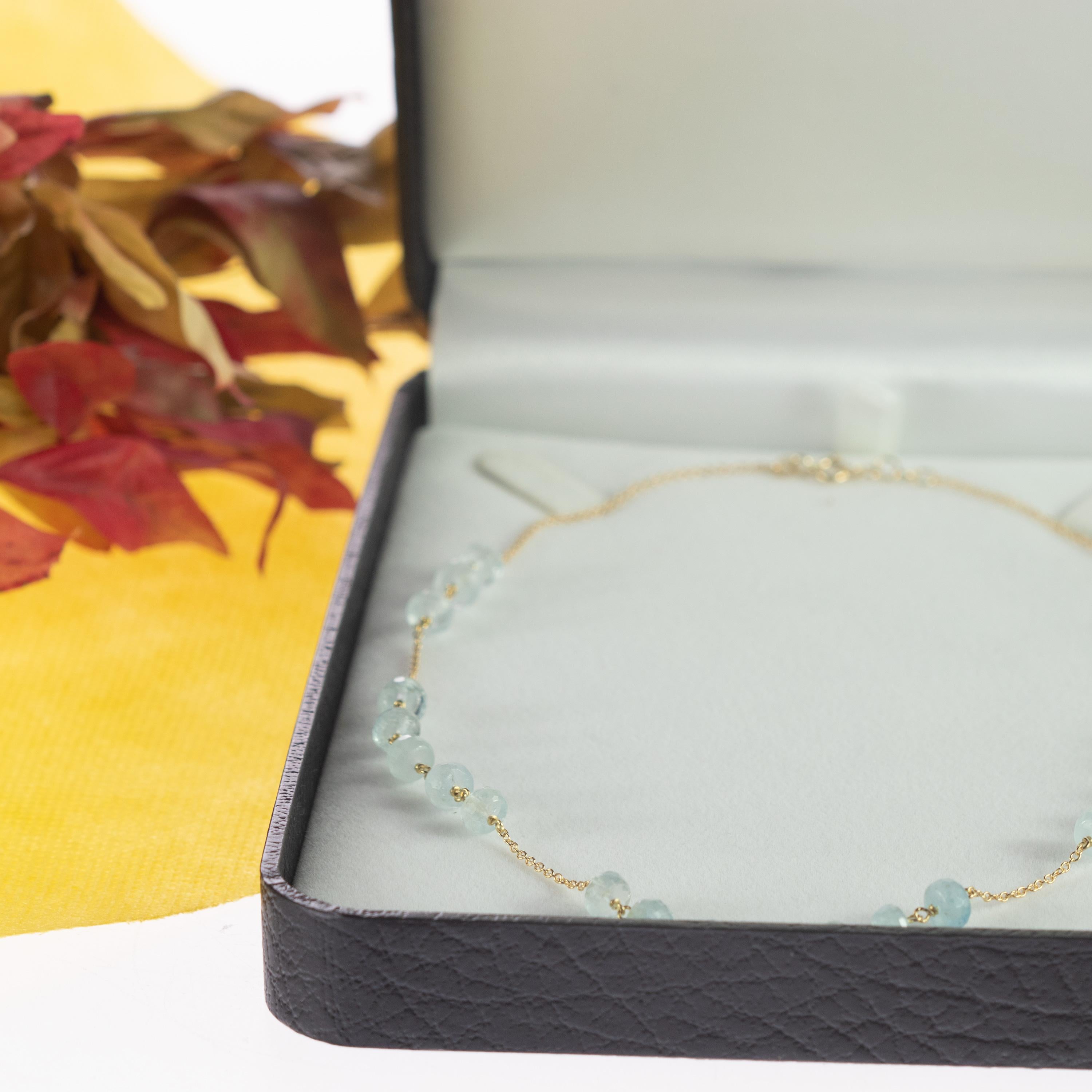 Intini Jewels Aquamarine Rondelle 18 Karat Yellow Gold Chain Handmade Necklace For Sale 2