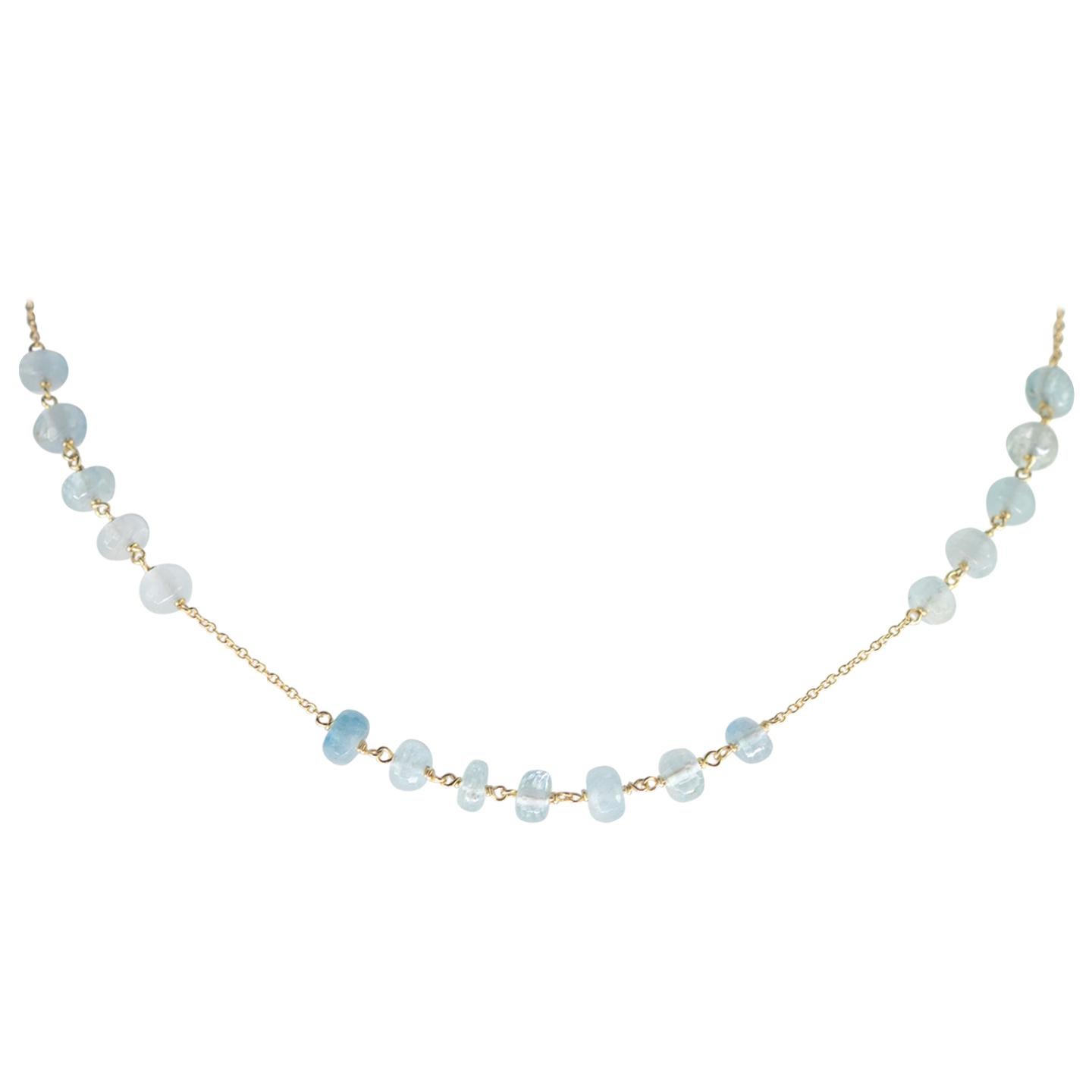 Intini Jewels Aquamarine Rondelle 9 Karat Yellow Gold Chain Handmade Necklace For Sale