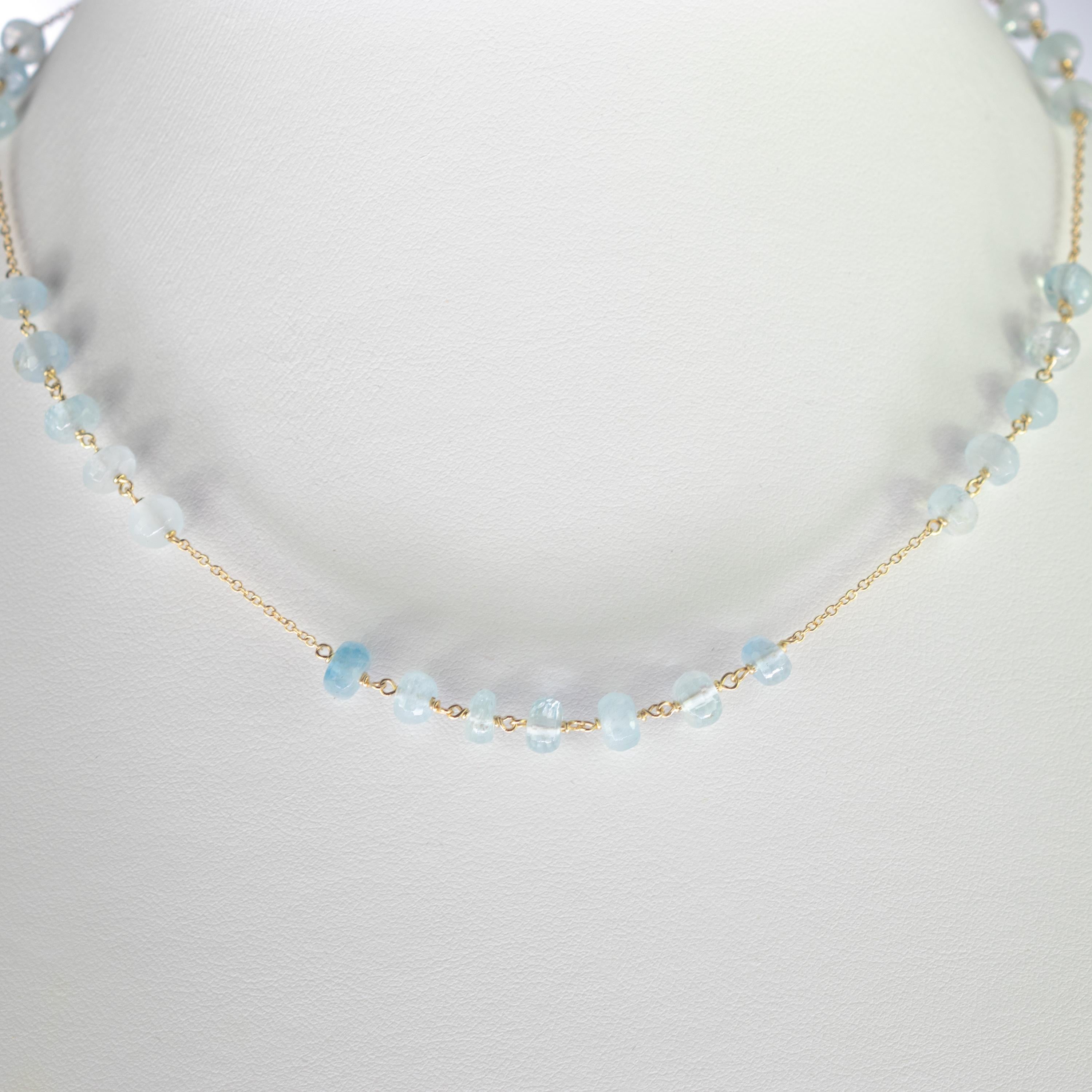 Luminous set of natural precious jewellery on elegant Gold Plate setting. Marvellous necklace earrings and bracelet starring pure aquamarine raw rondelles, for a bright charm of uniqueness.
 
An elegant touch of glamour at your fingertips. Let