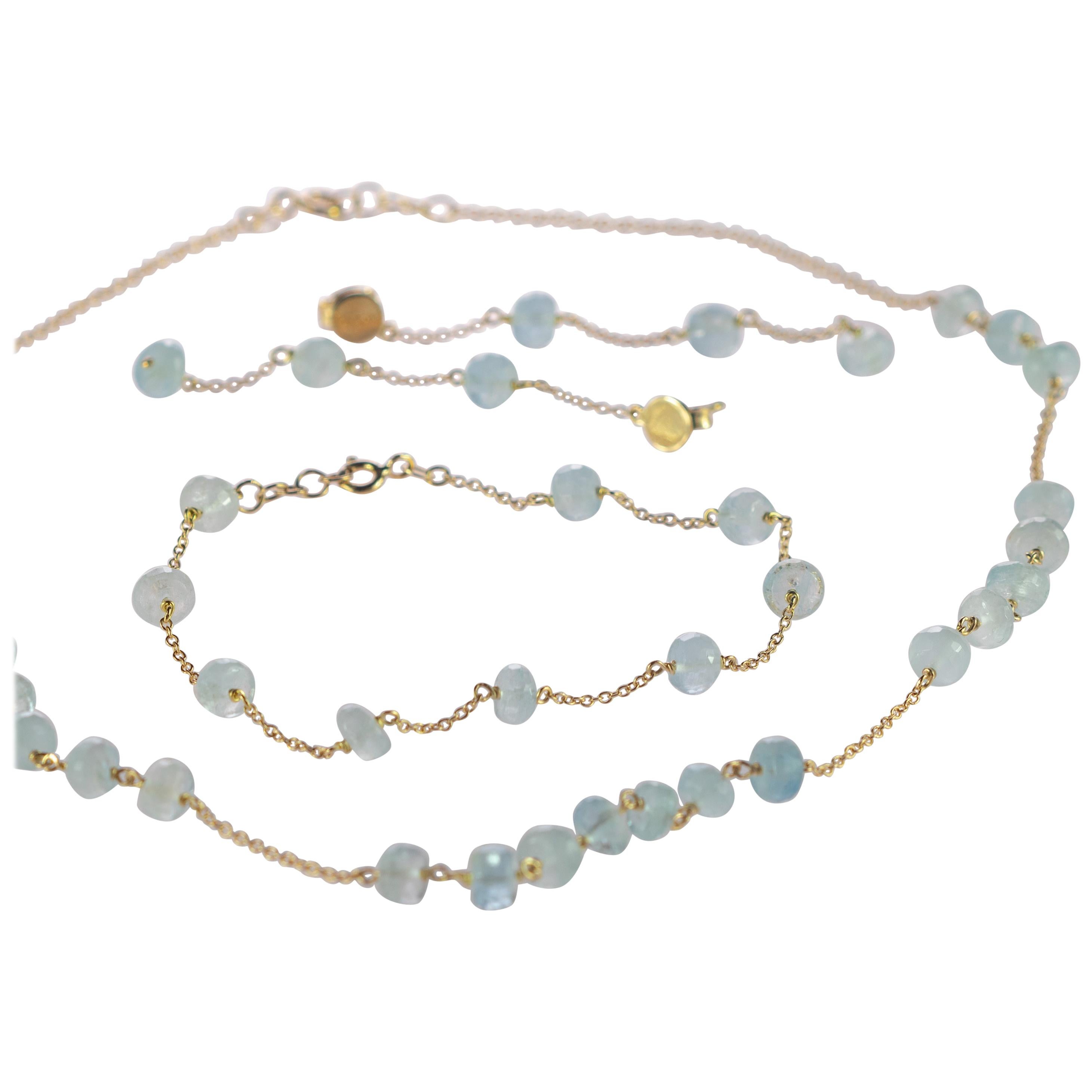 Intini Jewels Aquamarine Rondelle Gold Plate Earrings Necklace Bracelet Set For Sale