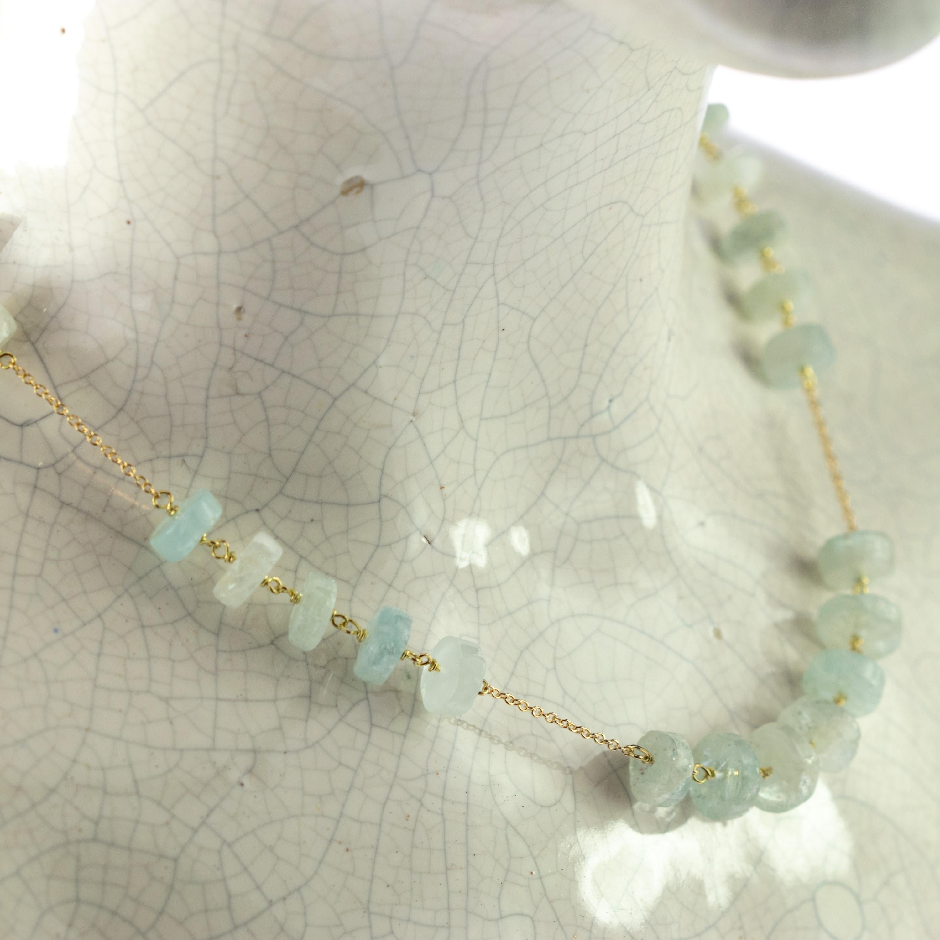 Intini Jewels Aquamarine Rondelles 9 Karat Yellow Gold Chain Handmade Necklace For Sale 4