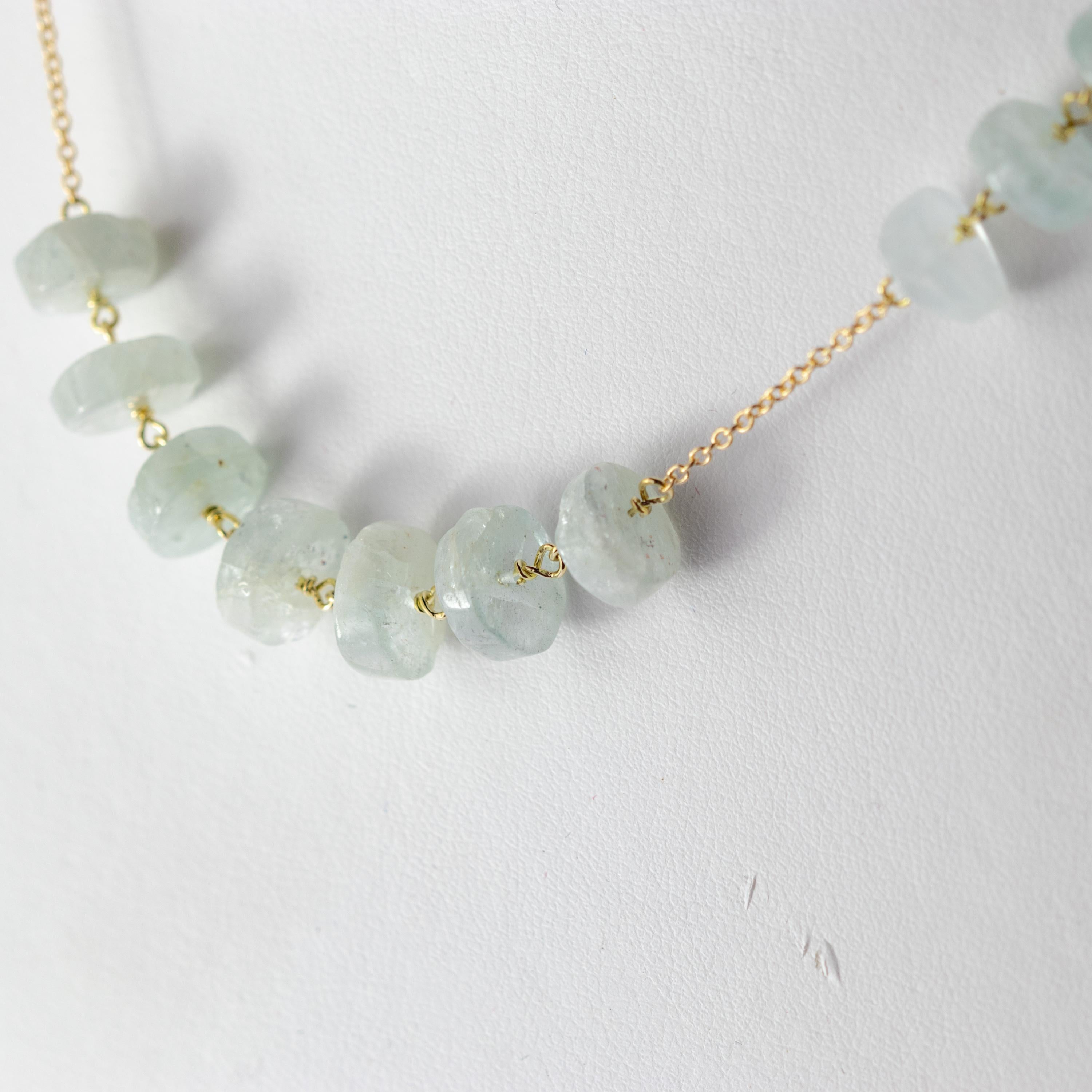 Mixed Cut Intini Jewels Aquamarine Rondelles 9 Karat Yellow Gold Chain Handmade Necklace For Sale