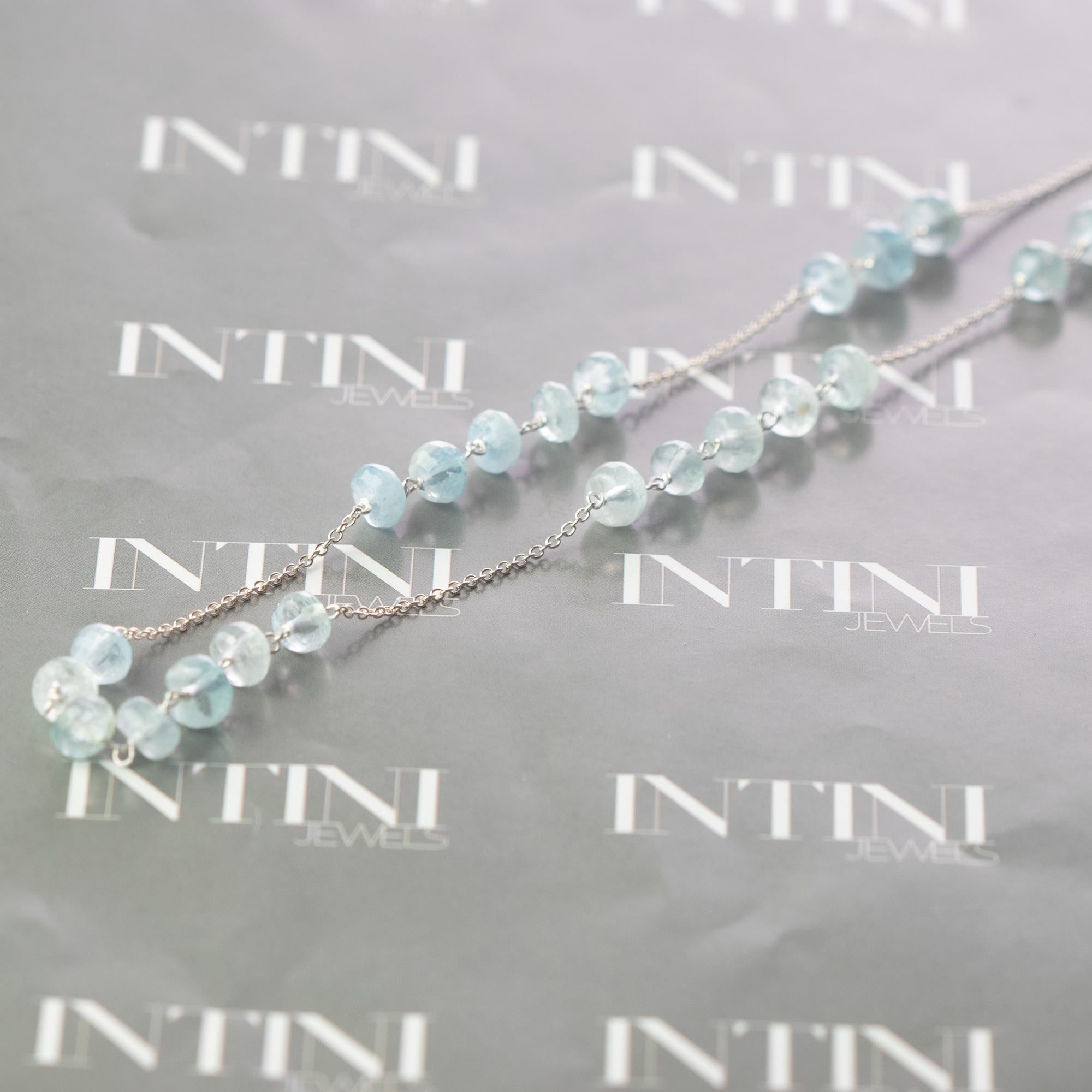 Round Cut Intini Jewels Aquamarine Spheres 18 Karat White Gold Chain Cocktail Necklace For Sale