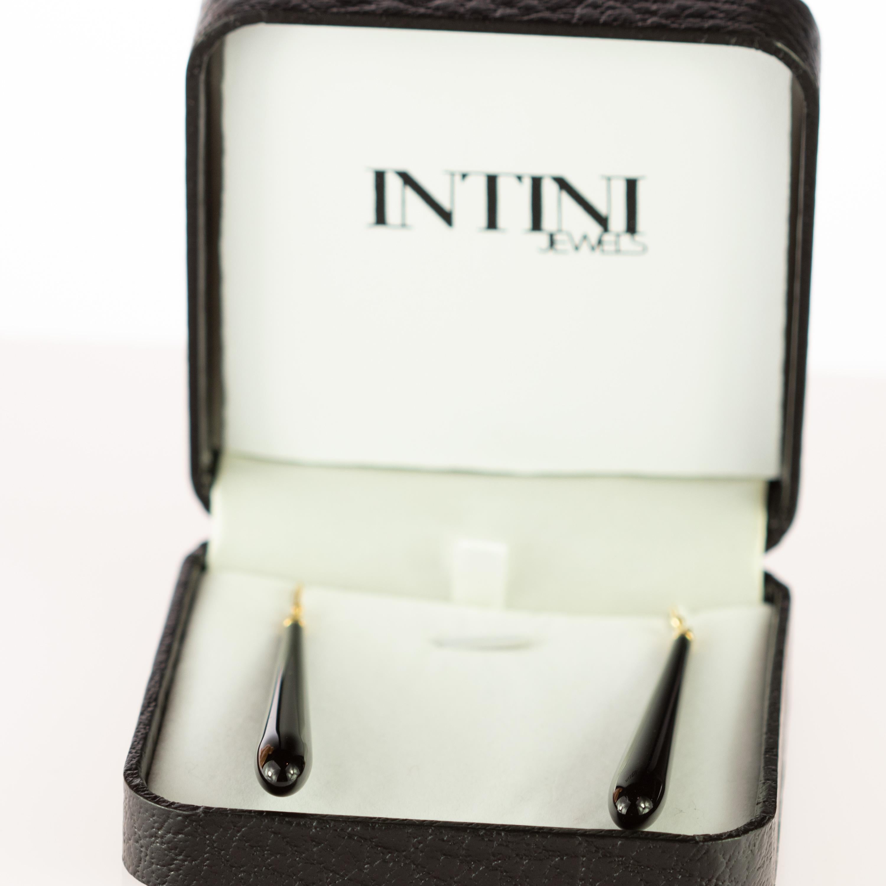 Intini Jewels Boucles d'oreilles pendantes déco en or jaune 18 carats et agate noire en forme de larme audacieuse en vente 2