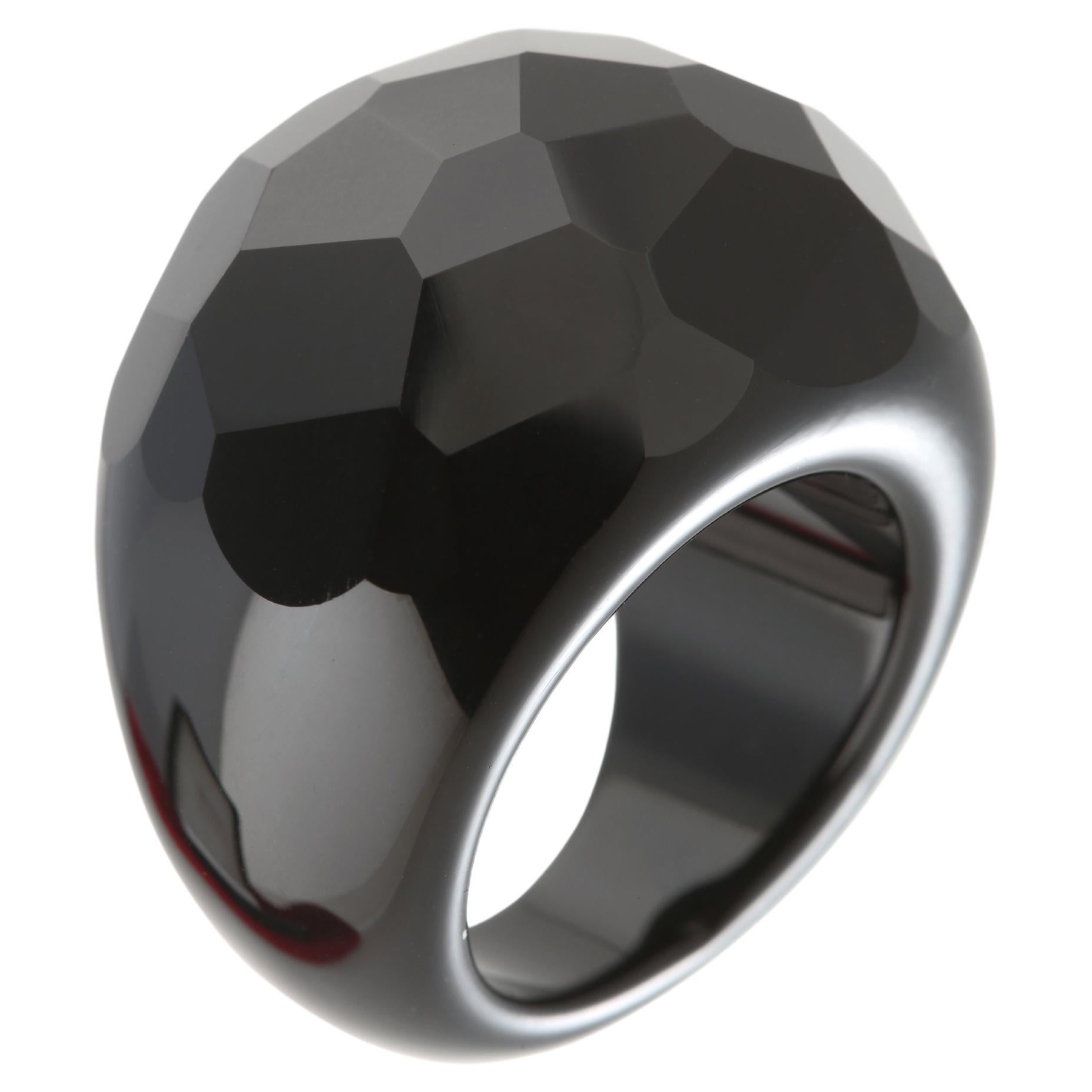 Intini Jewels Black Agate Art Deco Style Handmade Cocktail Onyx Rigid Boho Ring For Sale