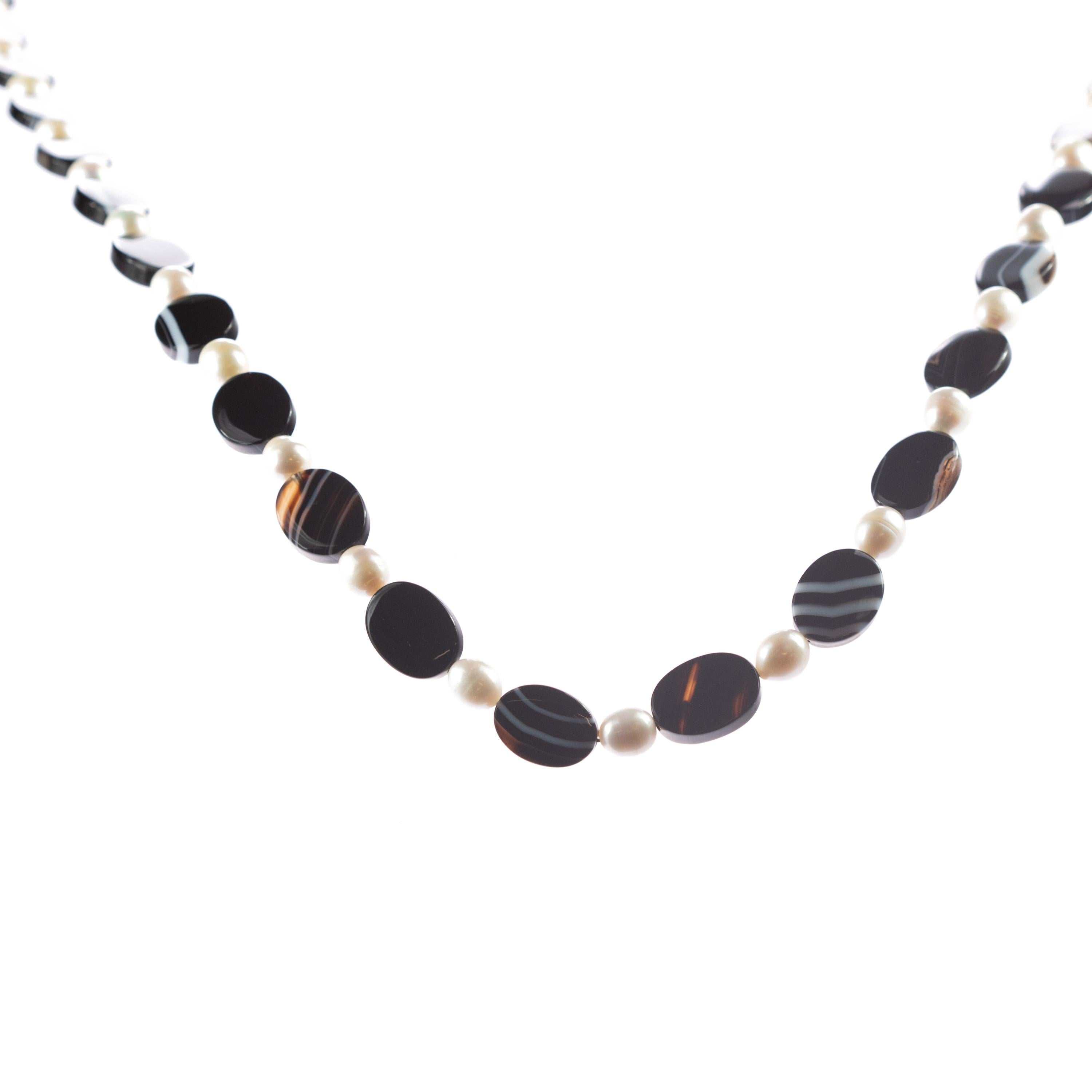 Oval Cut Intini Jewels Black White Oval Tube Agate Beaded Boho Long Wrap Around Necklace For Sale