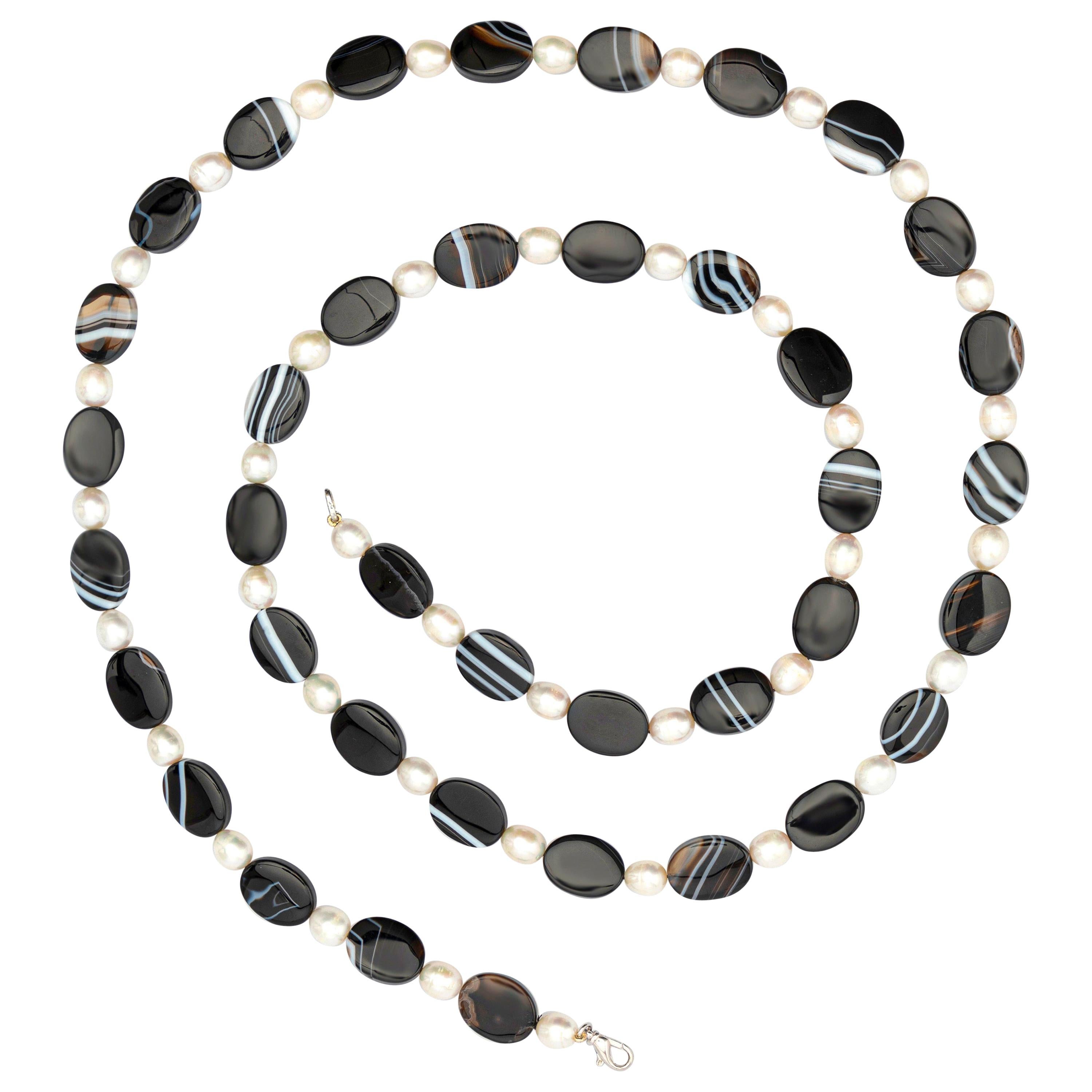 Intini Jewels Black White Oval Tube Agate Beaded Boho Long Wrap Around Necklace For Sale