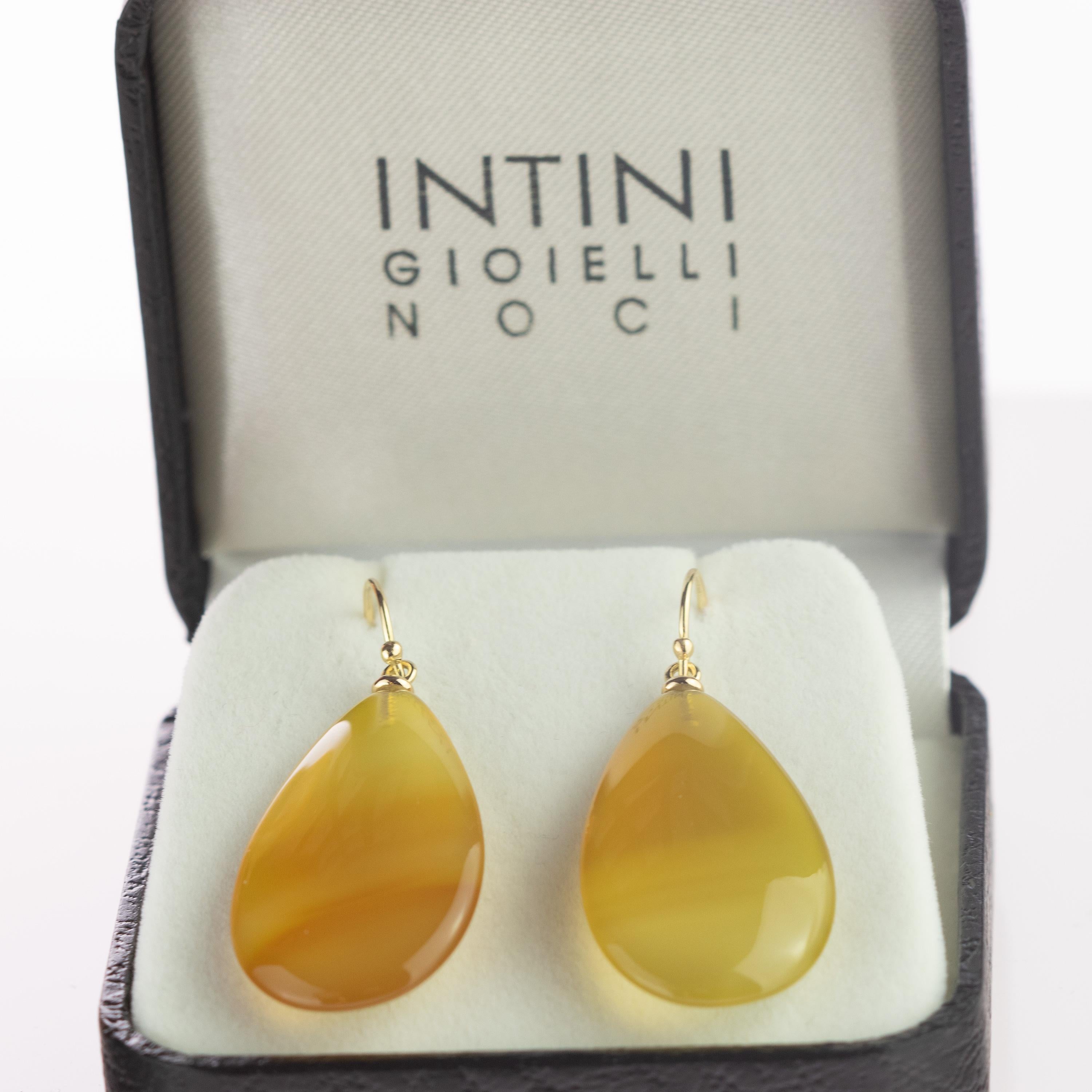 Intini Jewels Boucles d'oreilles artisanales en agate brune et or jaune 18 carats avec chaîne en forme de goutte d'eau Neuf - En vente à Milano, IT