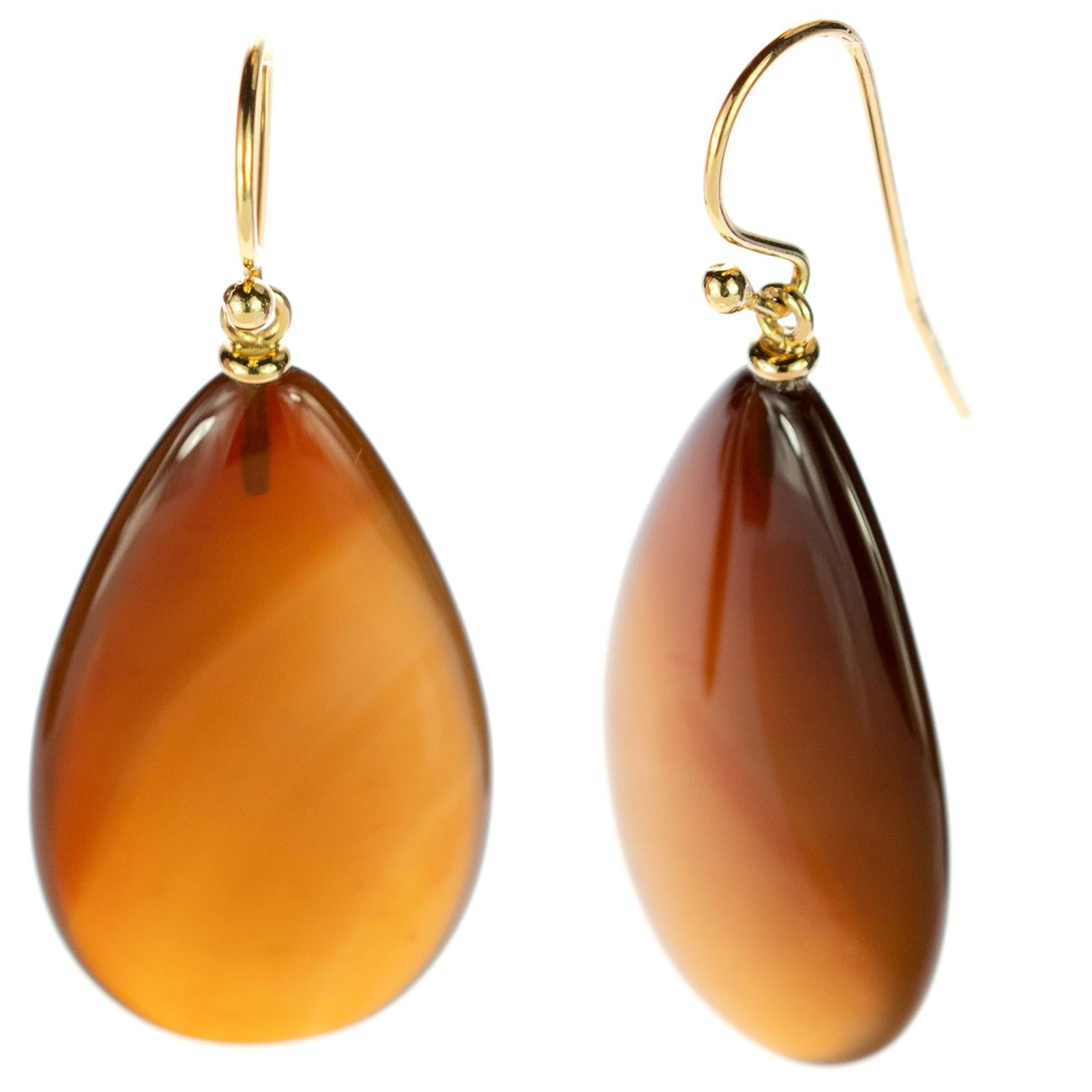 Intini Jewels Brown Agate 18 Karat Yellow Gold Chain Tear Drop Crafted Earrings For Sale