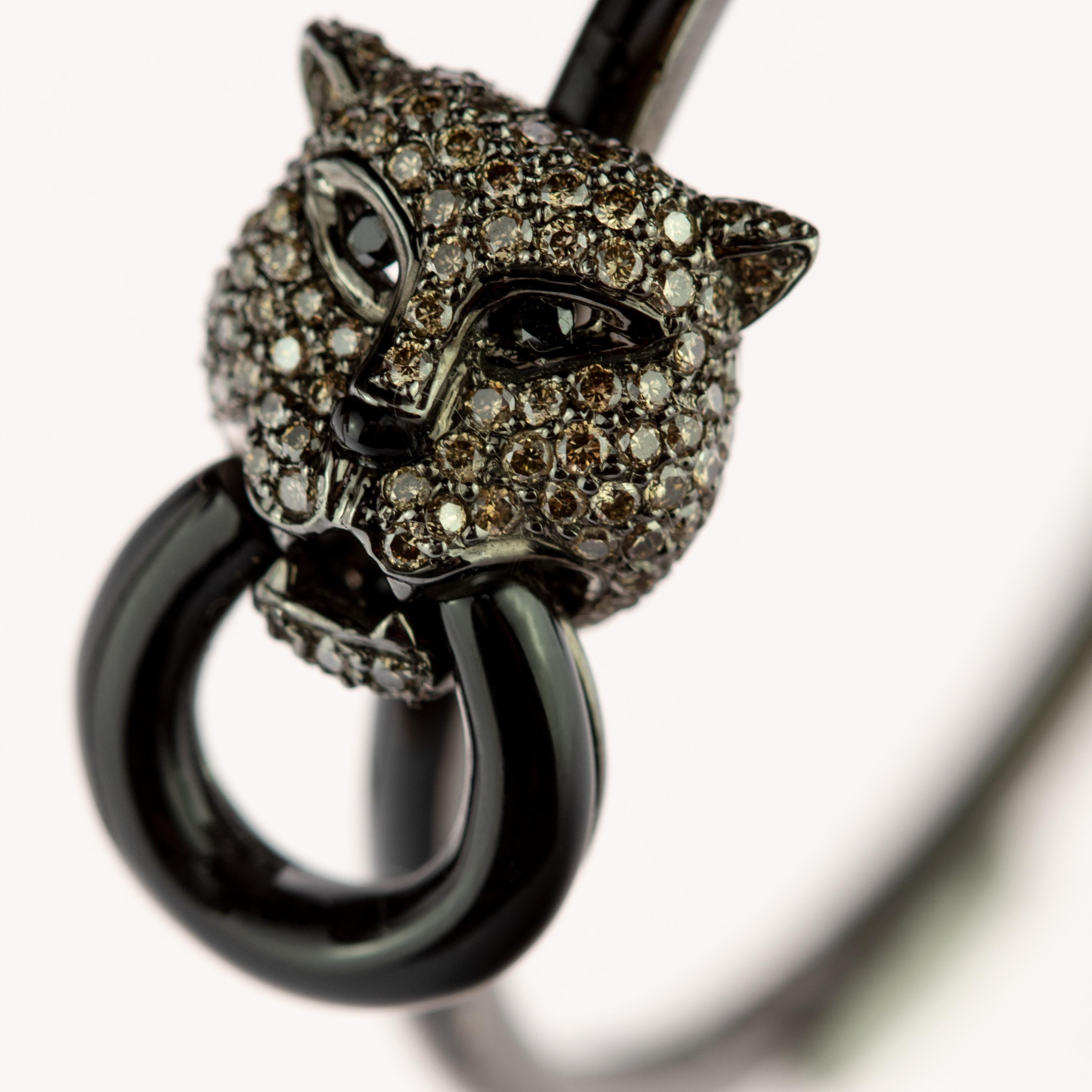 Brilliant Cut Intini Jewels Brown Diamond Tiger Panther Cat Jaguar Onyx Hoop Crafted Earrings