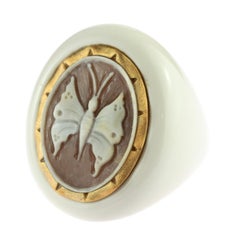 Intini Jewels Butterfly Carved Shell Resin Oval 18 Karat Gold Cocktail Ring