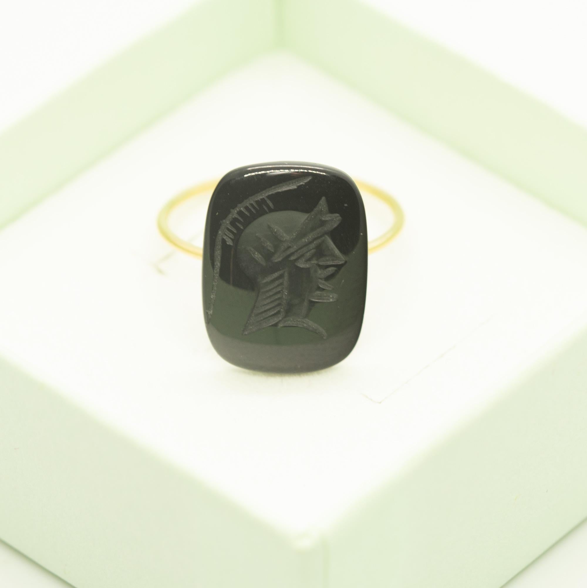 Oval Cut Intini Jewels Cammeo Black Onyx 18 Karat Yellow Gold Cocktail Warrior Agate Ring For Sale