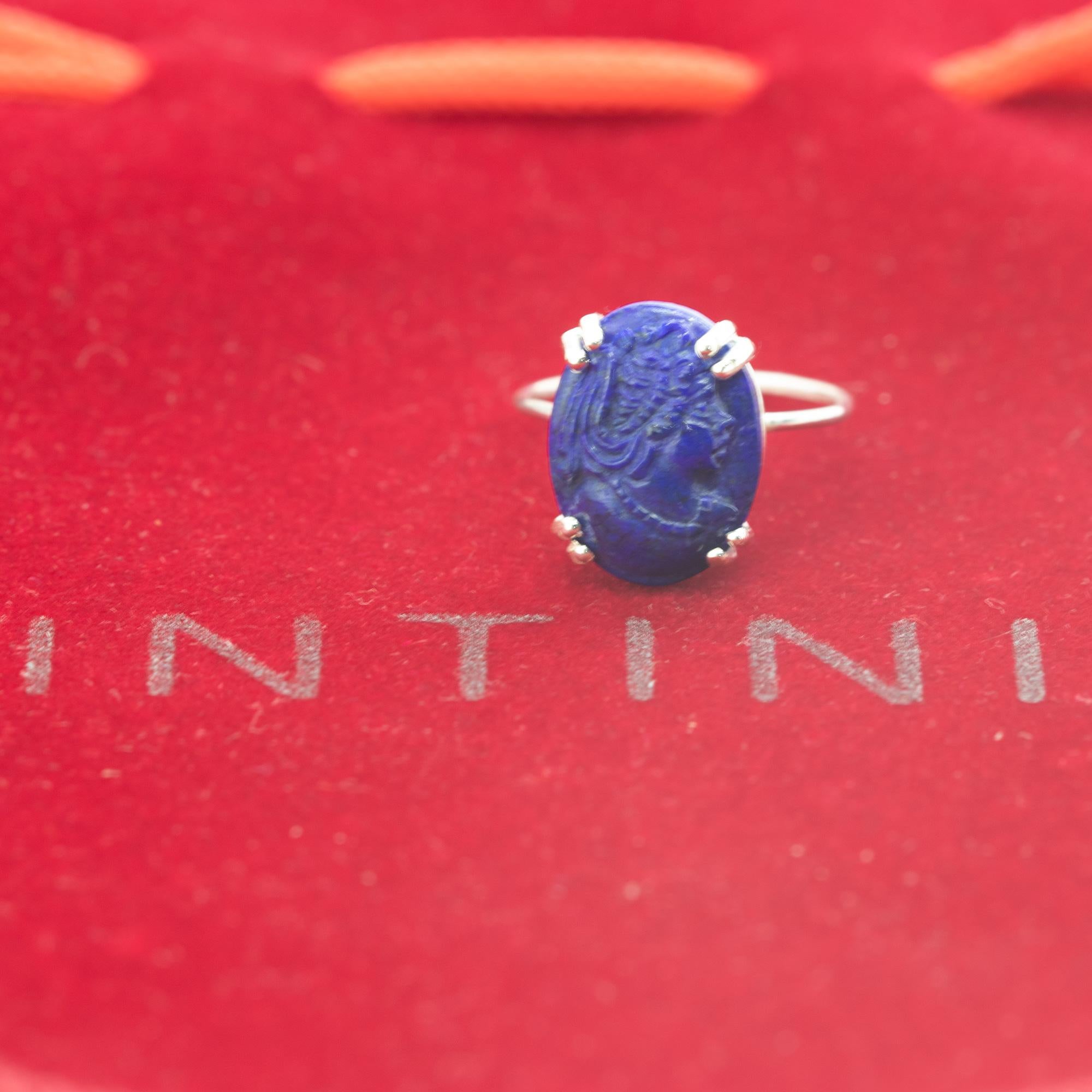 Artisan Intini Jewels Cammeo Lapis Lazuli Oval 925 Sterling Silver Cocktail Deco Ring For Sale
