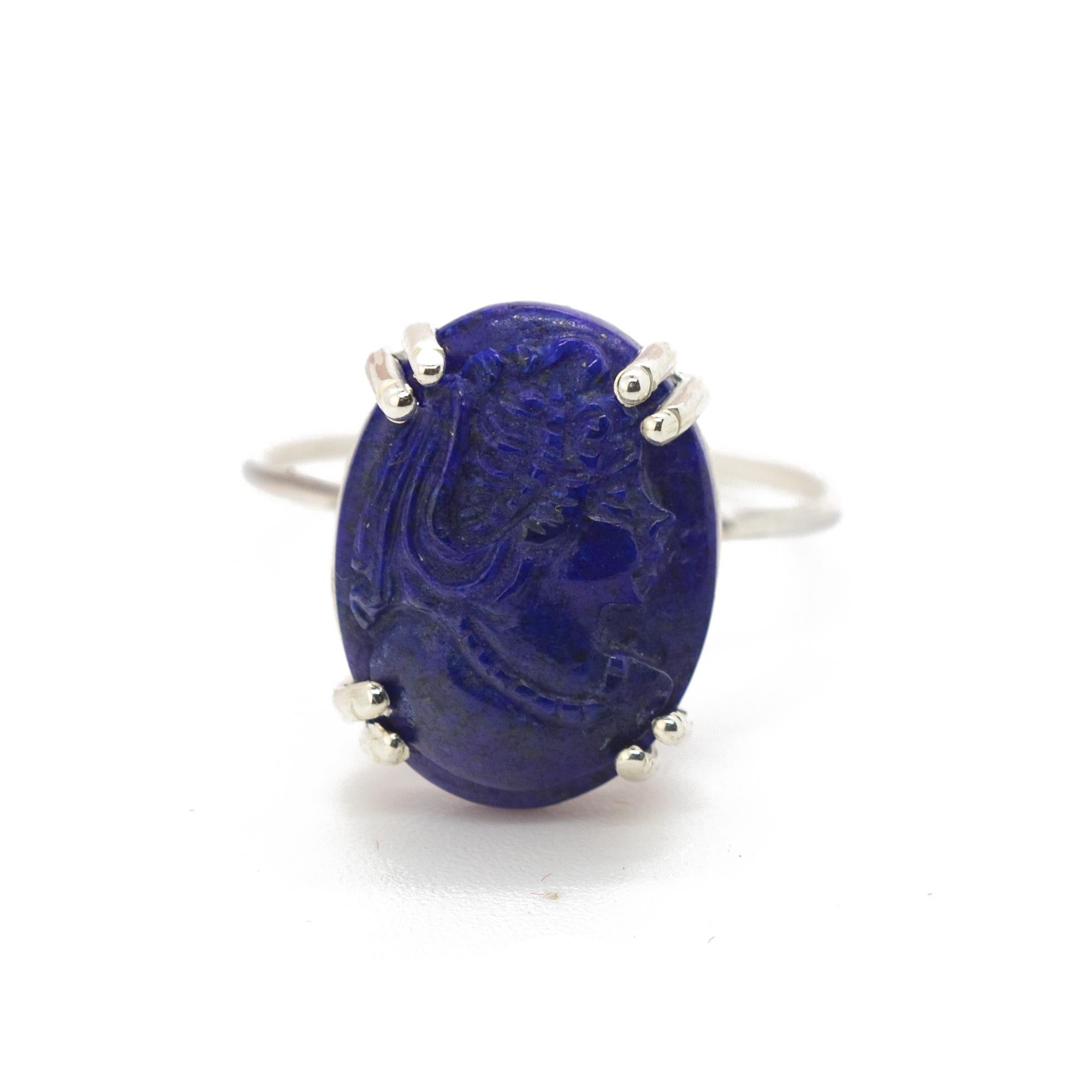 Oval Cut Intini Jewels Cammeo Lapis Lazuli Oval 925 Sterling Silver Cocktail Deco Ring For Sale