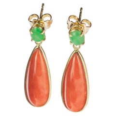 Intini Jewels Cammeo Salmon Coral Tear Jade 18 Karat Gold Dangle Drop Earrings