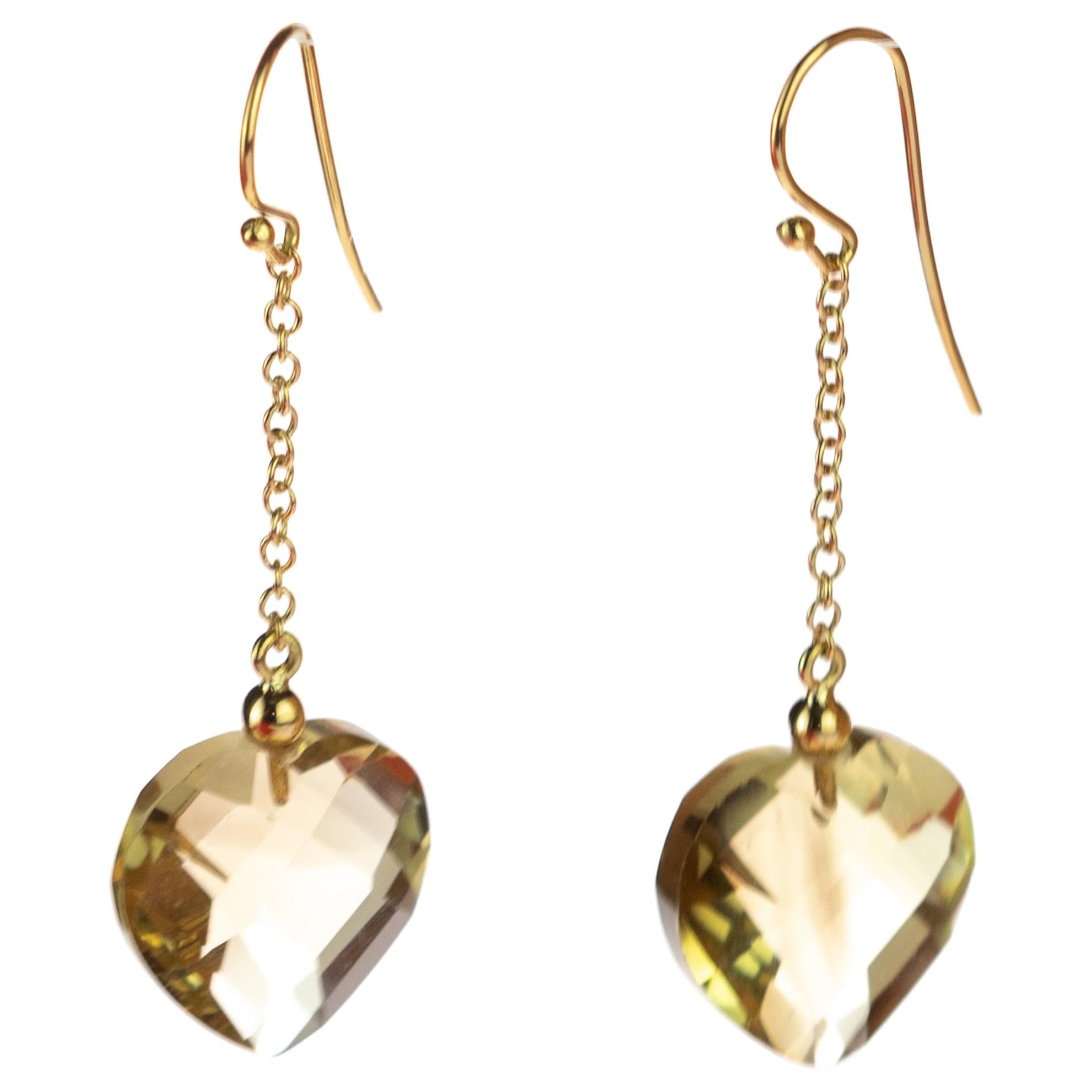 Intini Jewels Citrine Lemon Quartz Heart 18 Karat Yellow Gold Drop Love Earrings For Sale