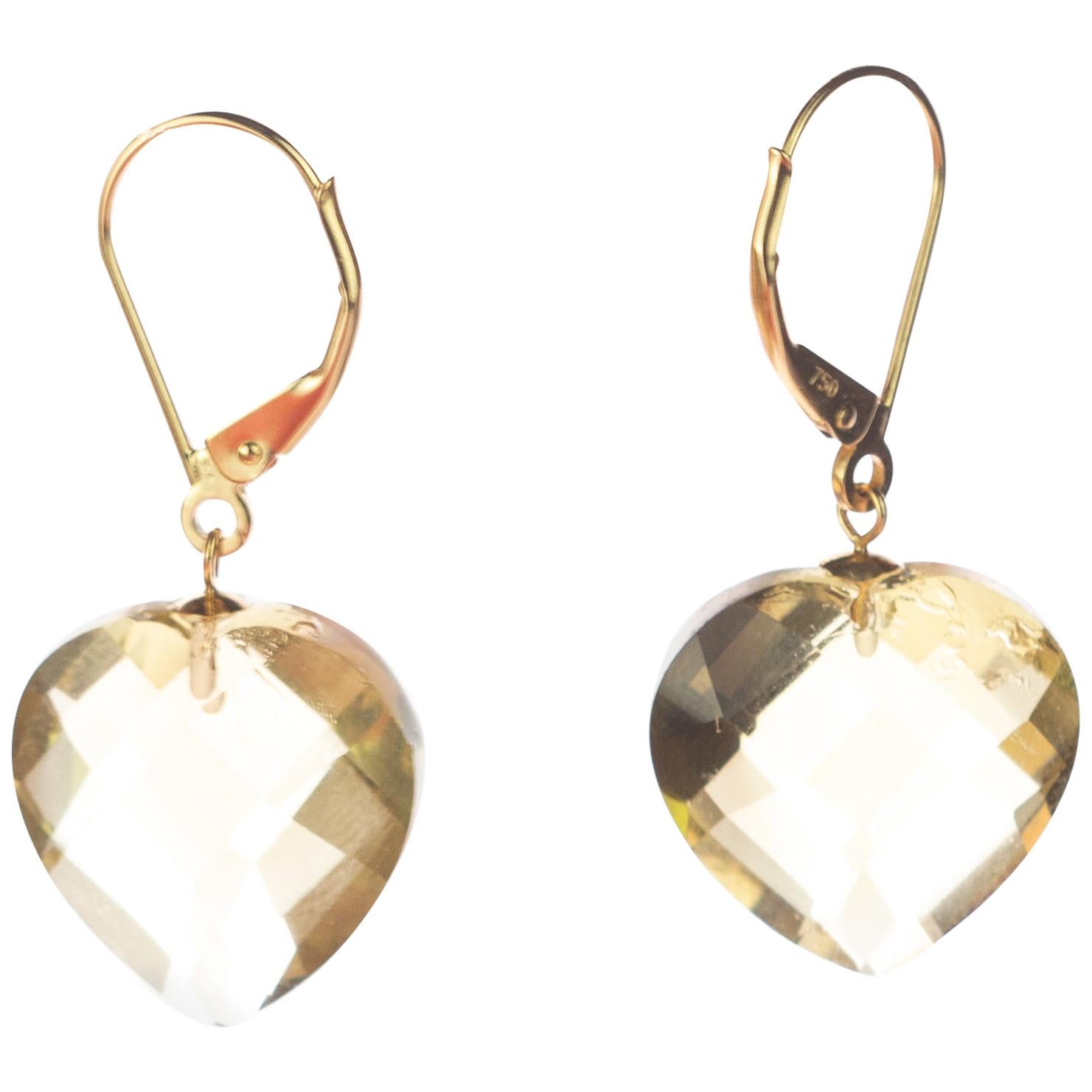 Intini Jewels Citrine Lemon Quartz Heart 18 Karat Yellow Gold Drop Love Earrings For Sale