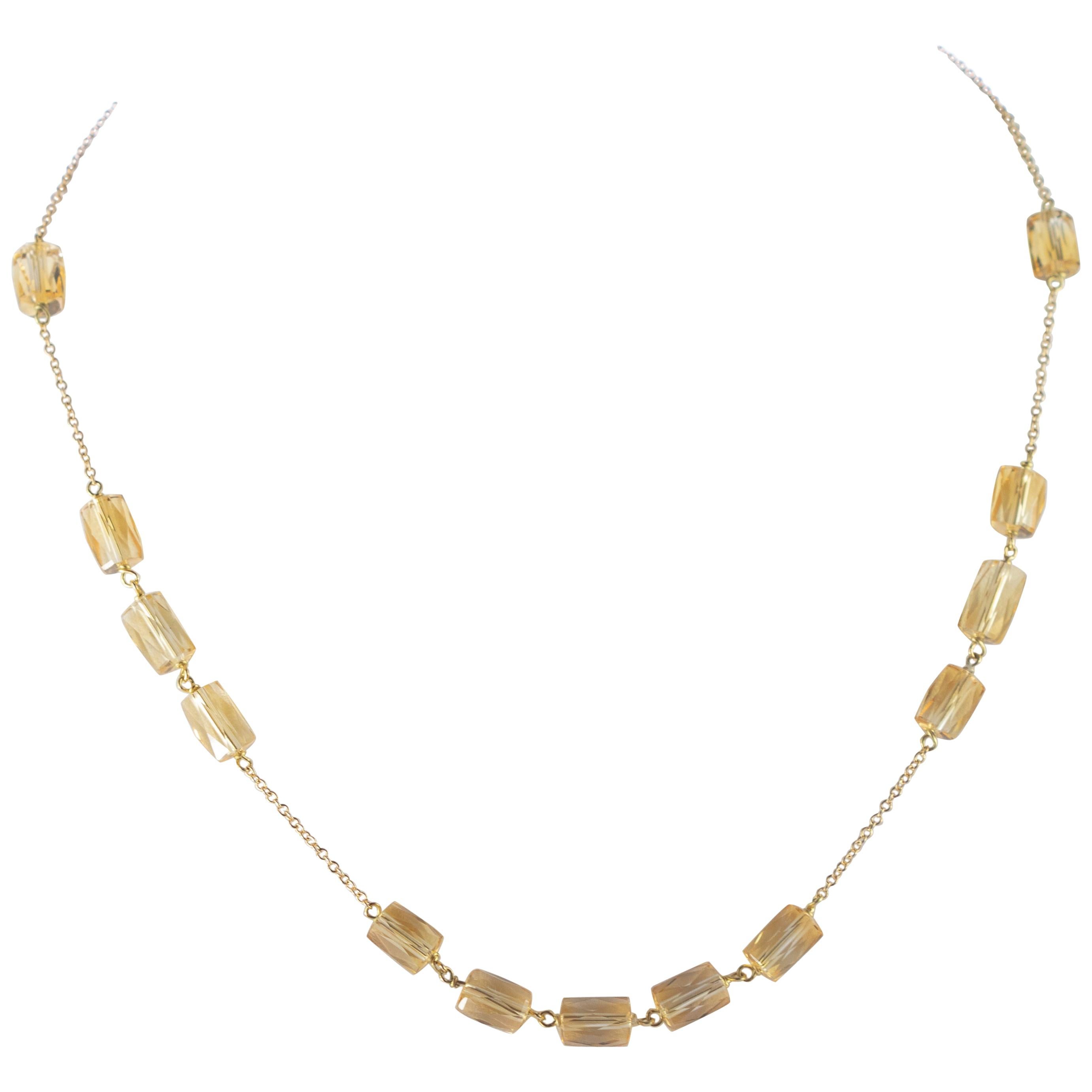 Intini Jewels Citrine Tubets Beads 18 Karat Yellow Gold Chain Handmade Necklace For Sale