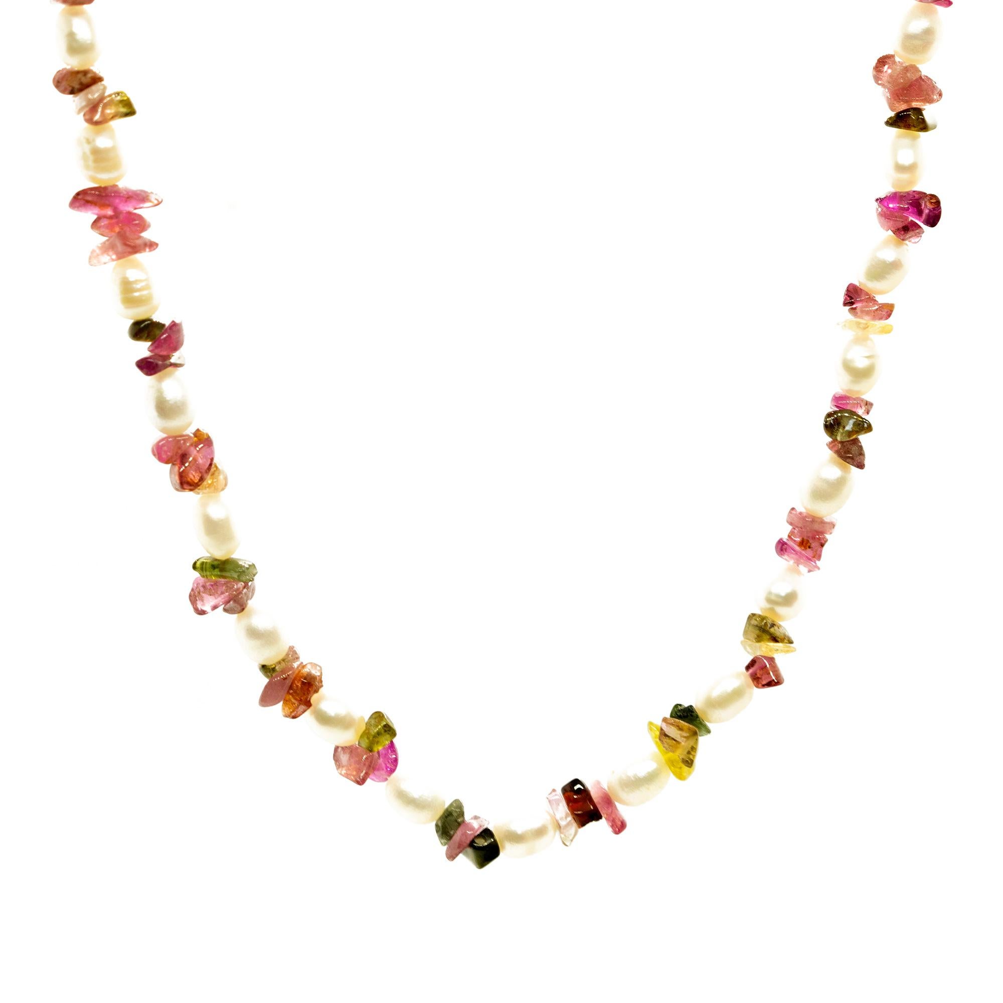 Art nouveau Intini Collier bohème chic en or 18 carats avec perles de tourmaline colorées et éclats de perles en vente