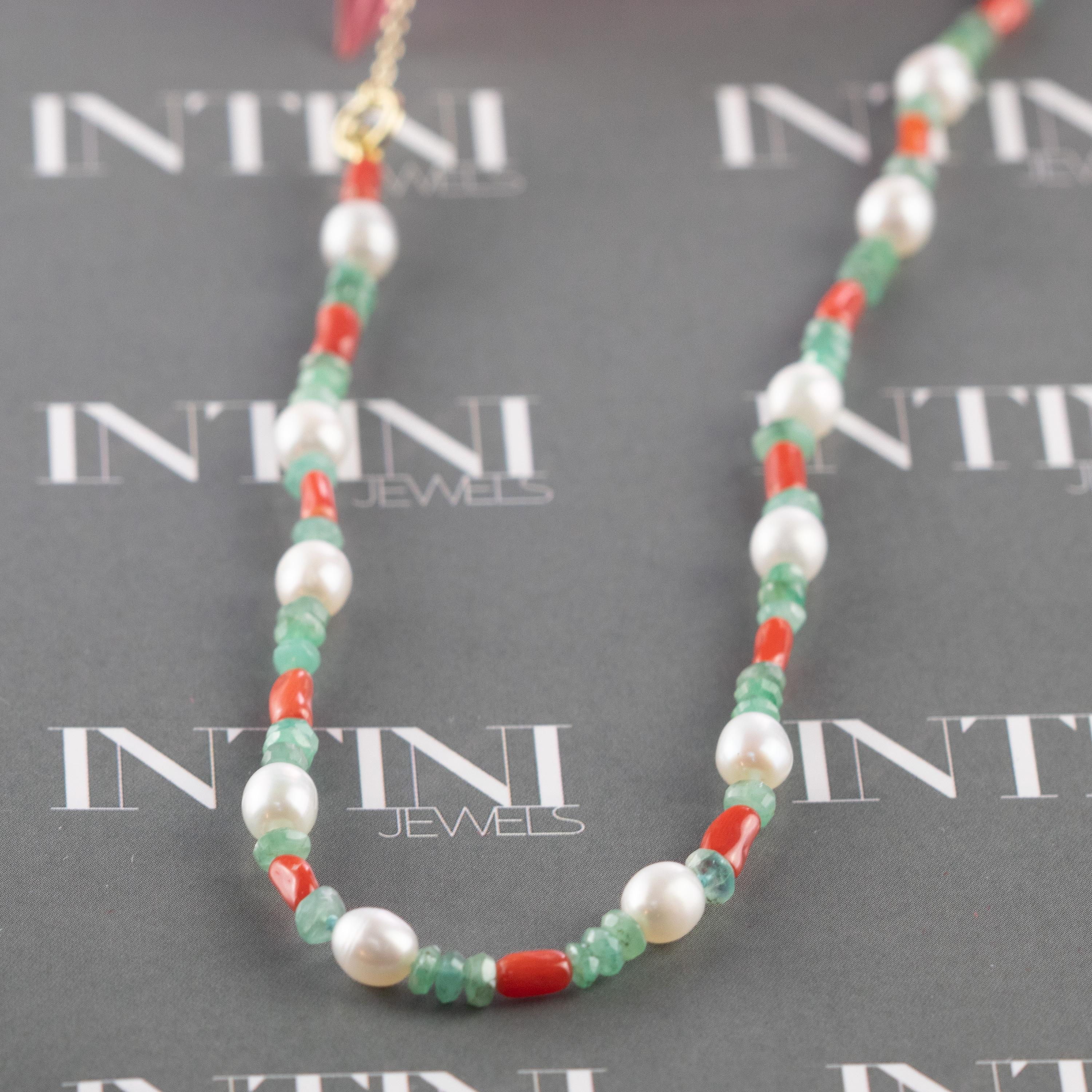 Intini Jewels Coral Emeralds Mother of Pearl 14 Karat Gold Chain Chic Necklace For Sale 5