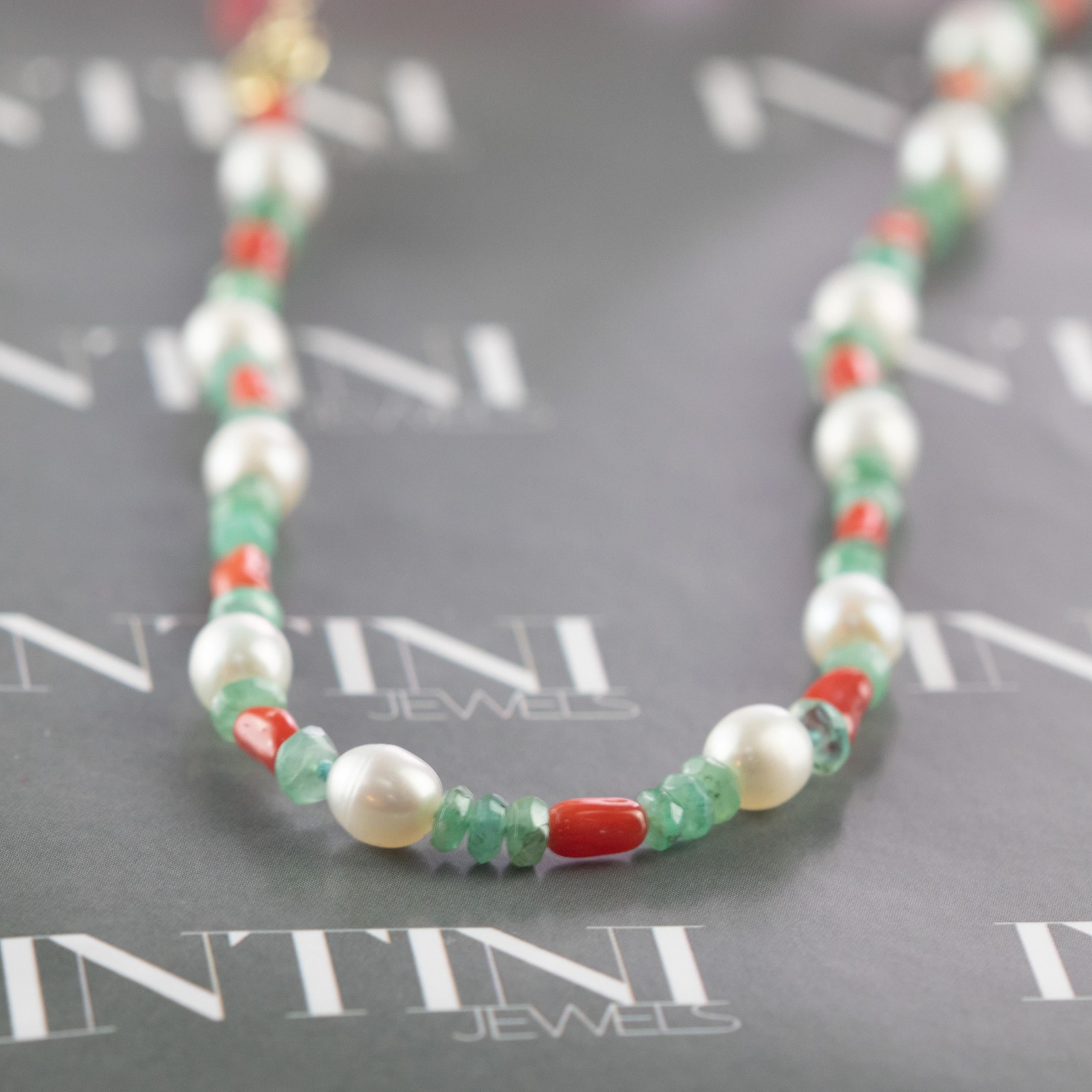 Mixed Cut Intini Jewels Coral Emeralds Mother of Pearl 14 Karat Gold Chain Chic Necklace For Sale